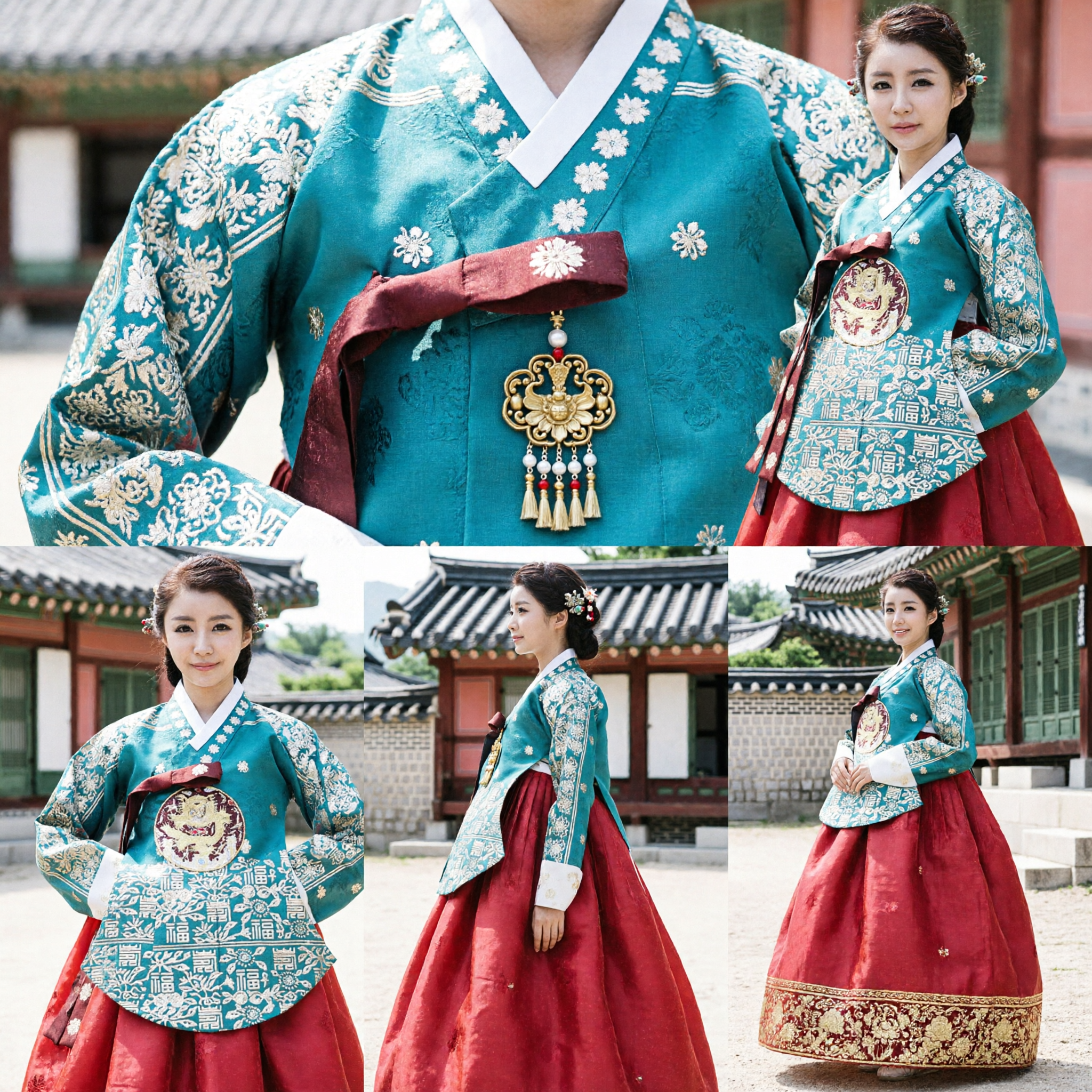 Women's Traditional Korean Hanbok Set Teal Jeogori with Gold Floral Embroidery and Red Chima Skirt