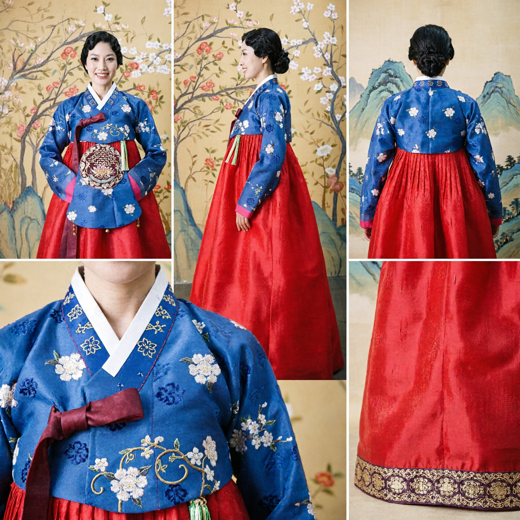 Traditional Korean Hanbok Dress for Women Blue Floral Jeogori and Red Chima for Wedding Holiday
