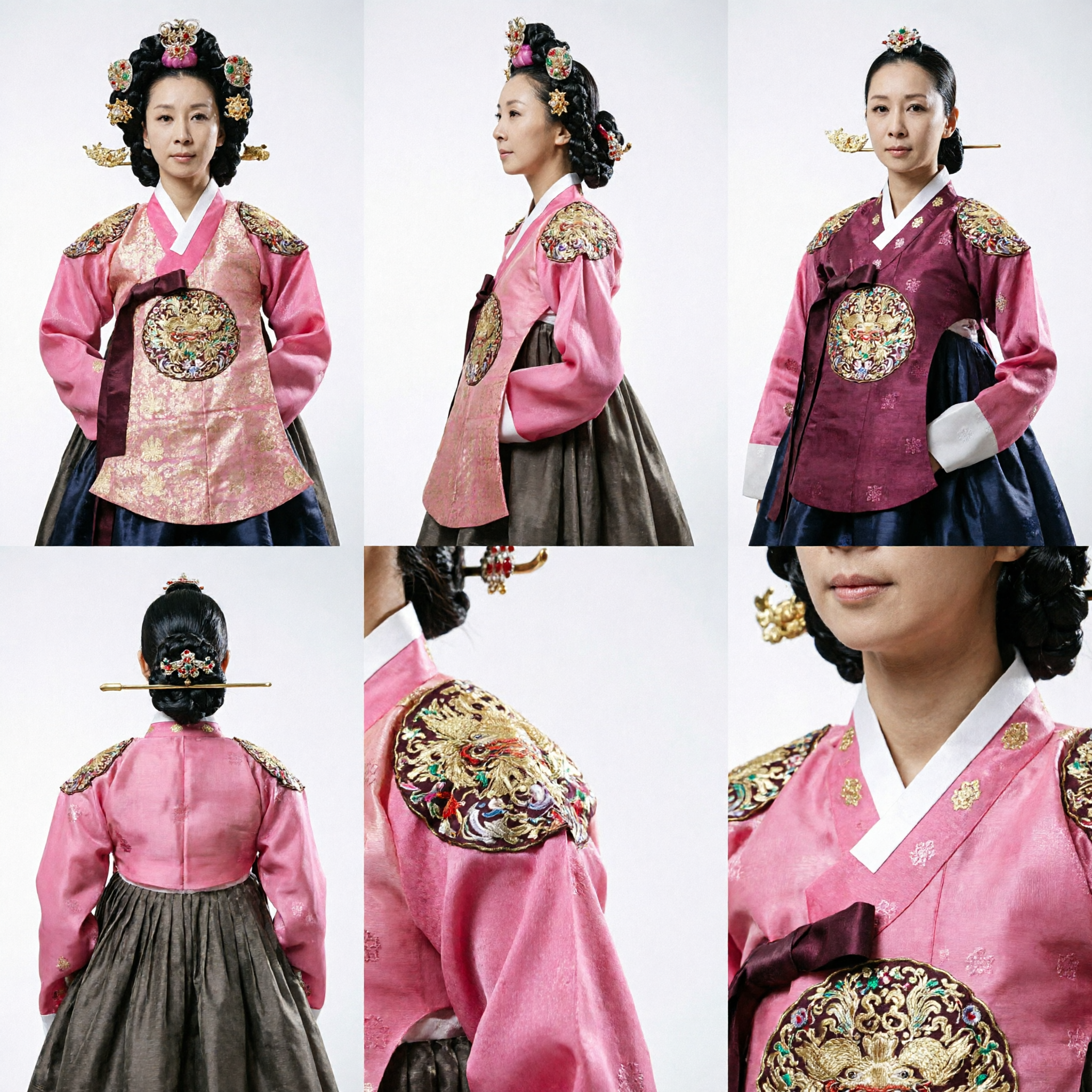 Women's Pink Korean Hanbok Traditional Dress Royal Court Style with Gold Embroidery and Headdress