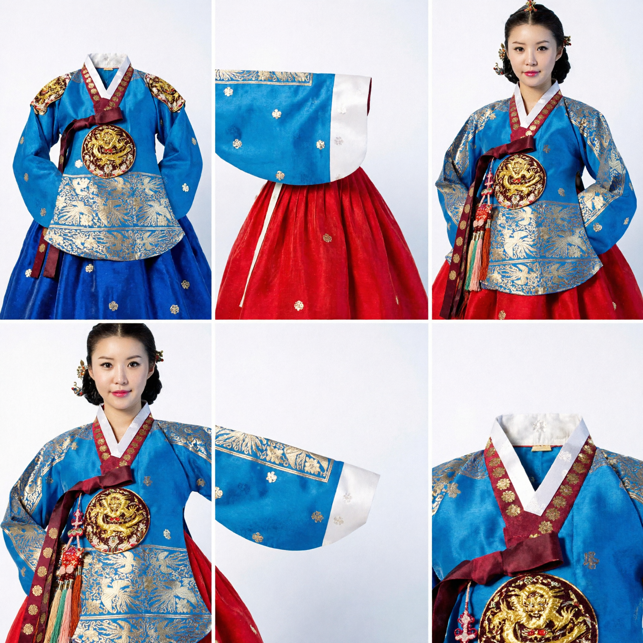 Women's Royal Blue Korean Hanbok Traditional Dress with Gold Phoenix Embroidery for Palace Wedding Ceremony