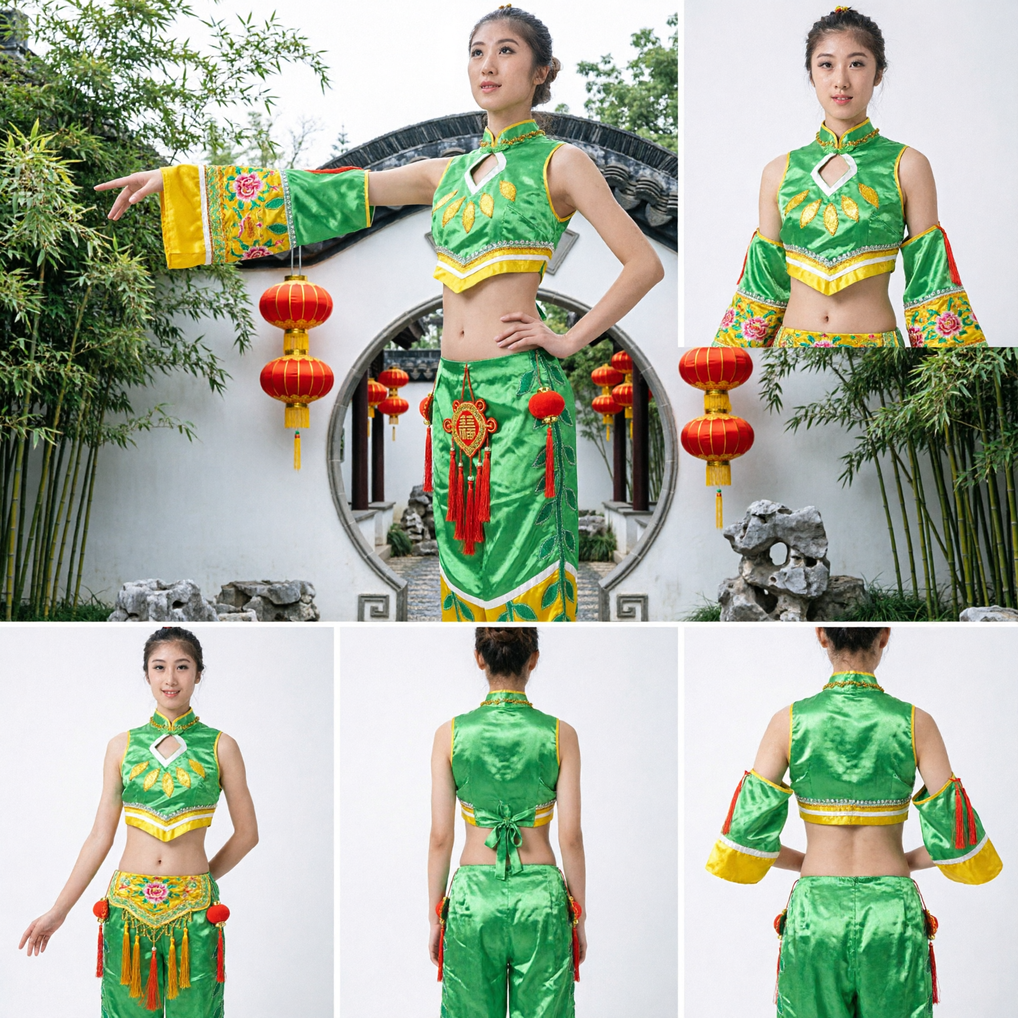 Women's Green Chinese Folk Dance Costume Traditional Yangge Performance Outfit Vegetable Theme Stage Uniform