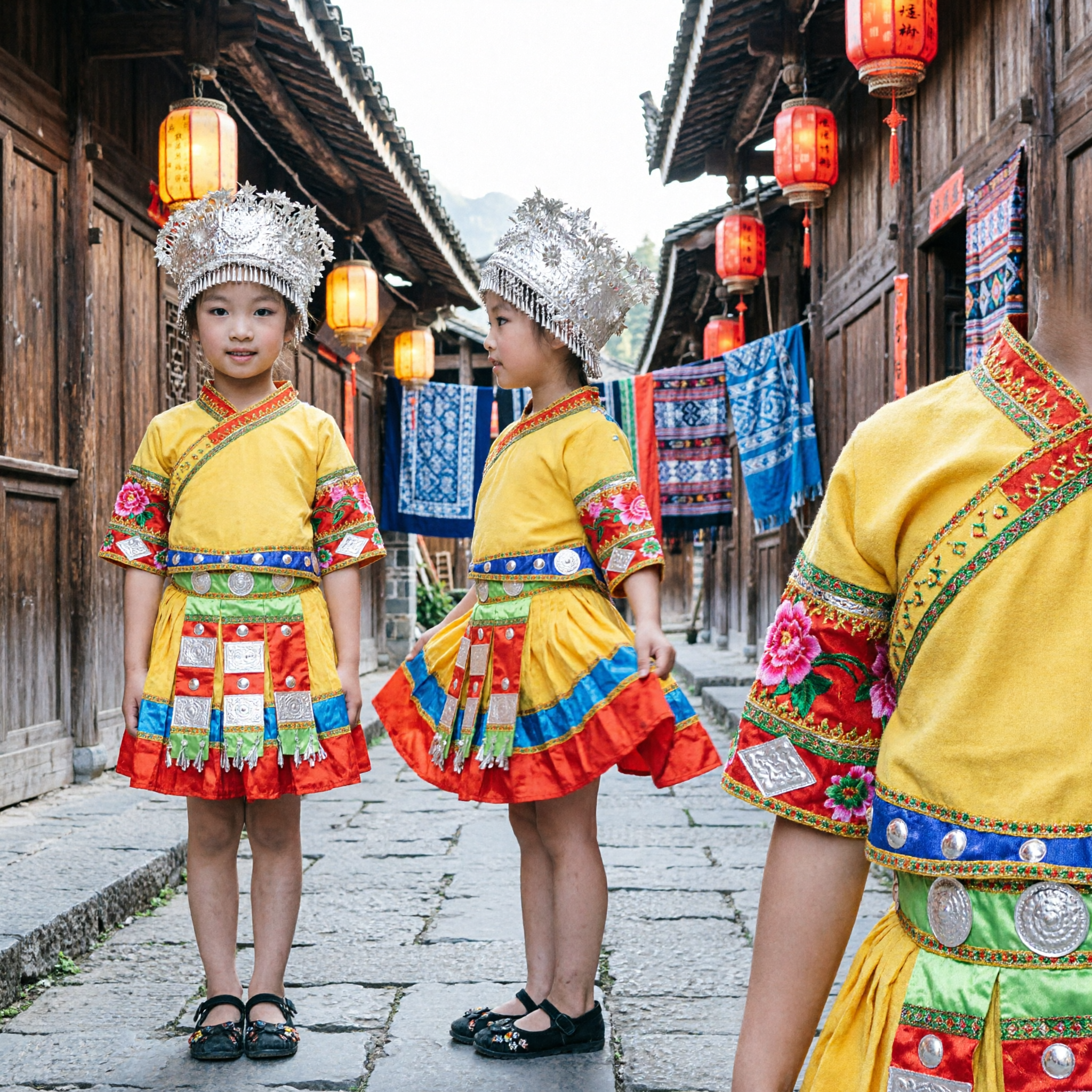 Traditional Chinese Miao Ethnic Dance Costume for Girls Yellow Dress Silver Headdress Kids Stage Performance Outfit