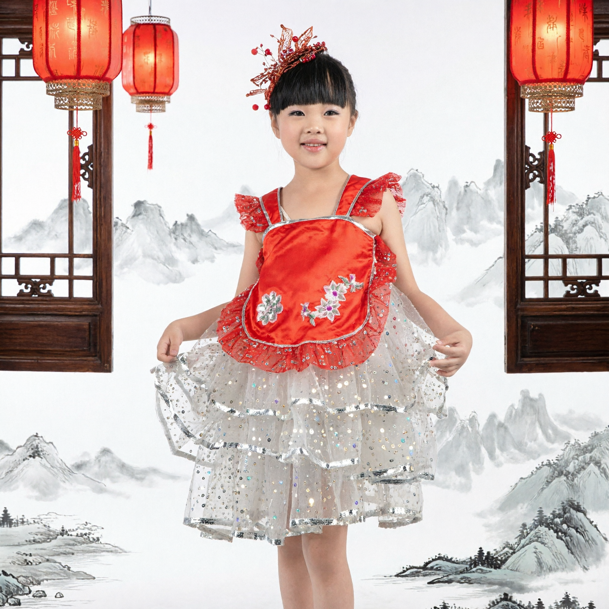 Traditional Chinese Folk Dance Costume for Girls Red Koi Fish Sequin Dress Stage Performance Outfit