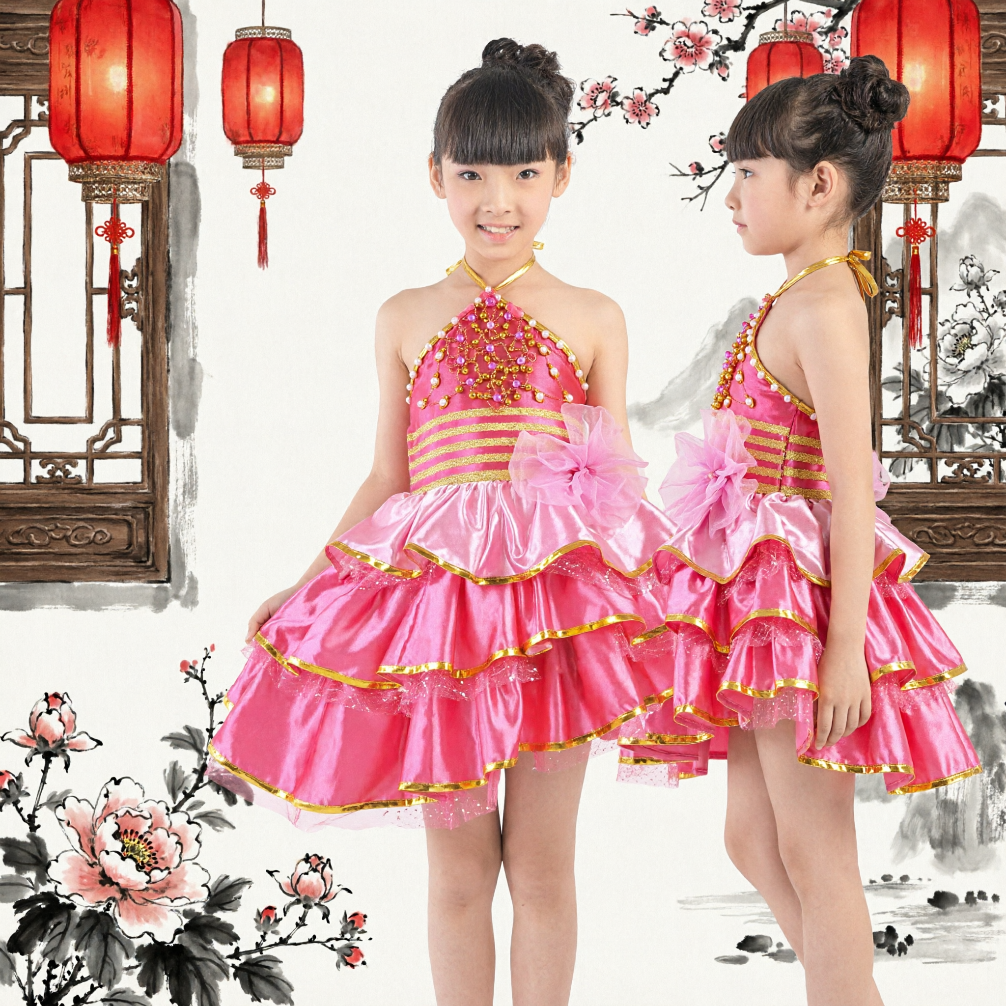Girls Pink Sequin Halter Dance Costume with Ruffled Skirt and Gold Trim for Stage Performance