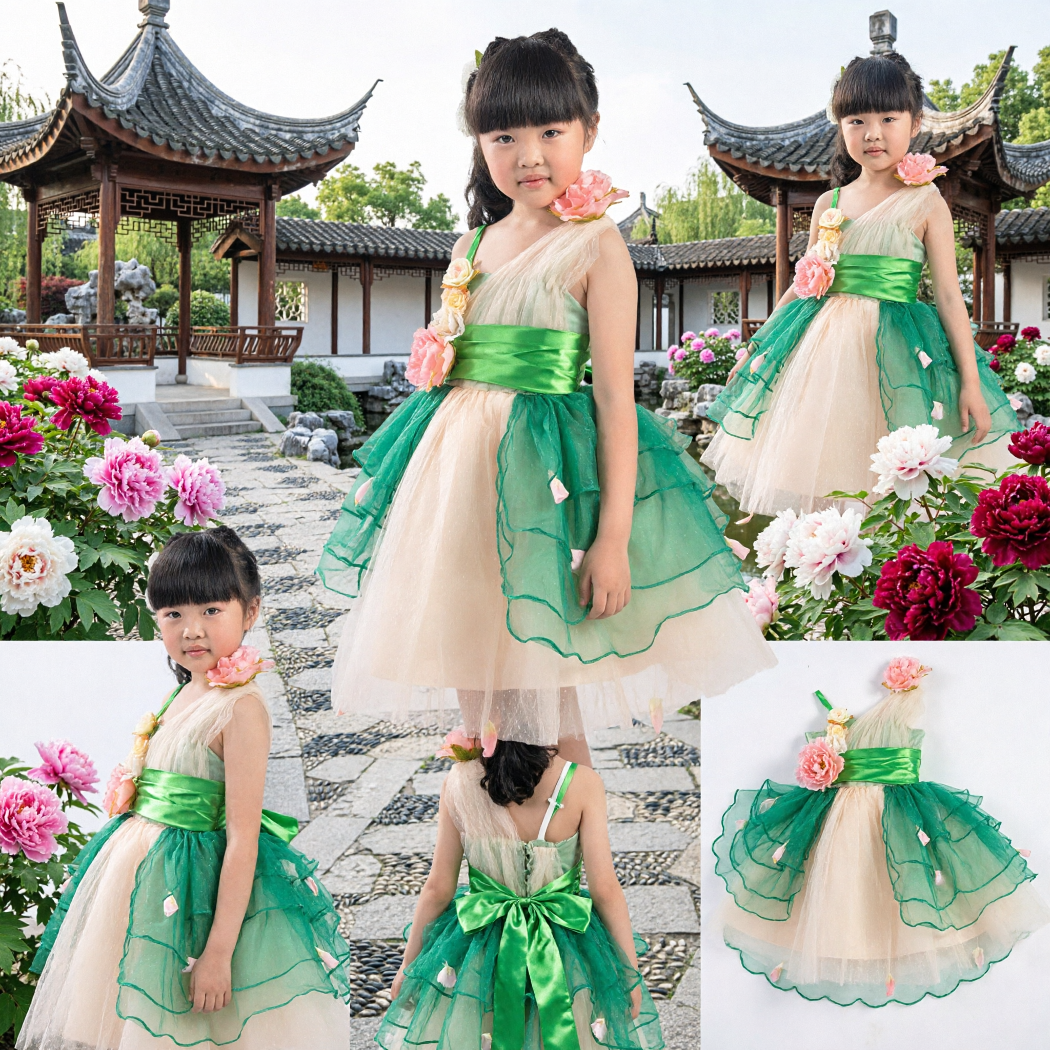 Kids Girls Green Flower Fairy Costume Dress One Shoulder Stage Dance Performance Outfit with Floral Accents