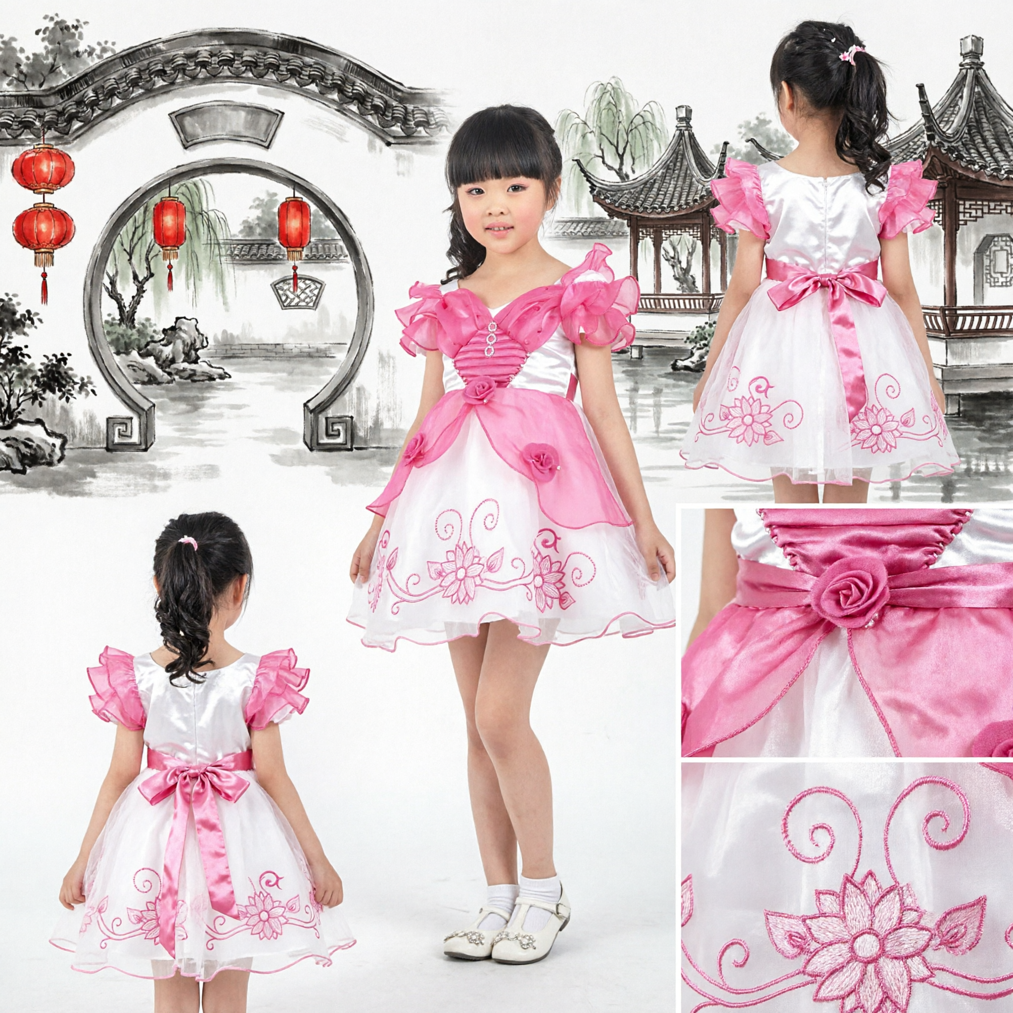 Traditional Chinese Children Fan Dance Costume Pink Lotus Dress Girls Performance Stage Wear Outfit