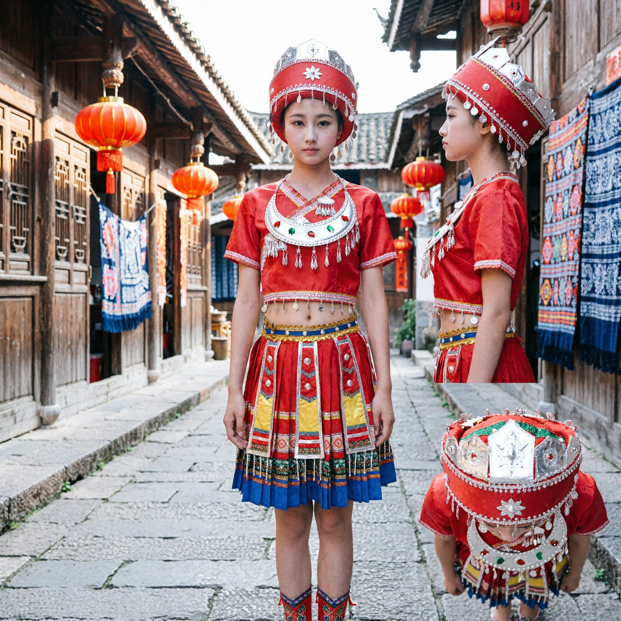 Women's Red Miao Ethnic Minority Dance Costume Traditional Chinese Folk Stage Performance Dress with Silver Accessories