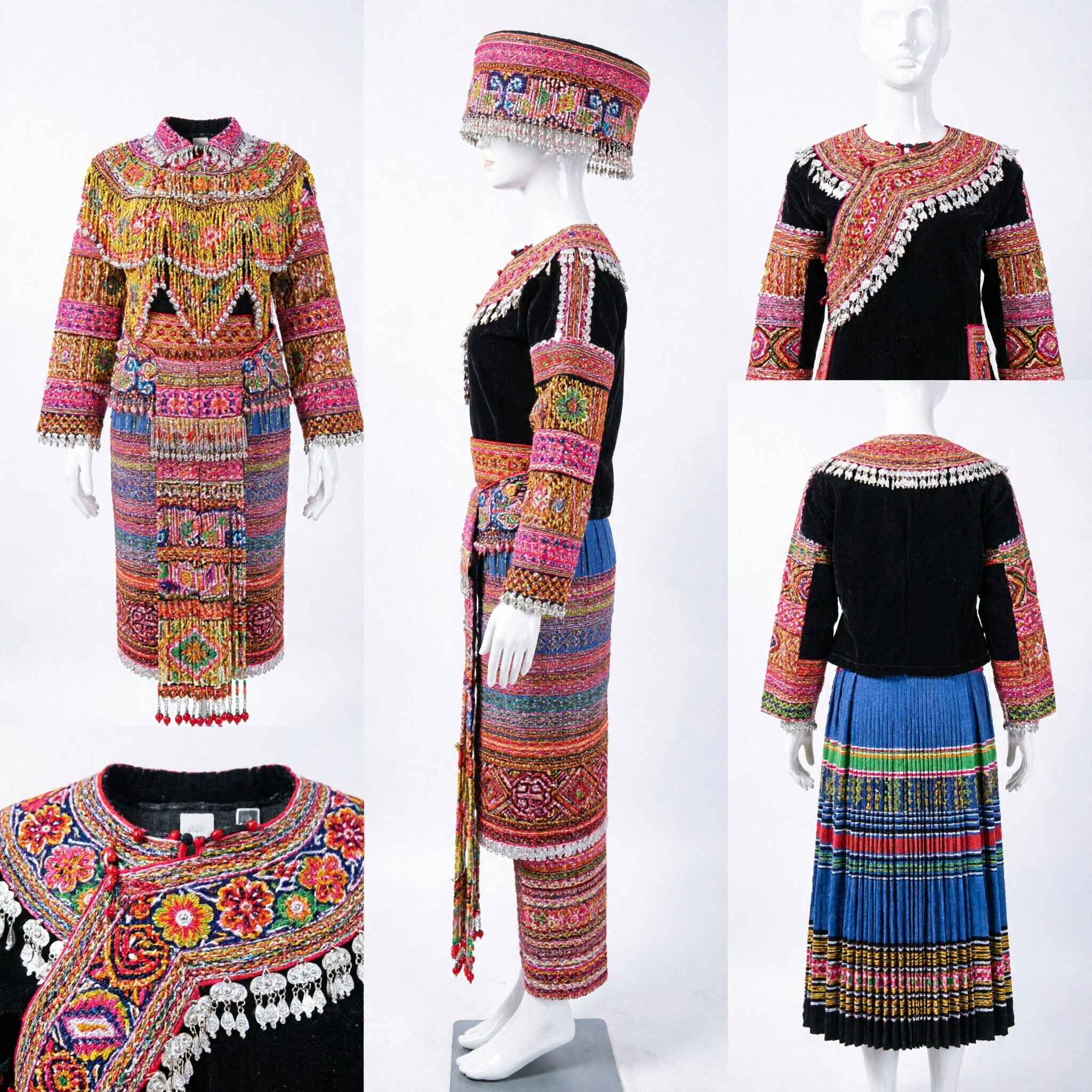 Traditional Chinese Hmong Miao Ethnic Minority Embroidered Costume Set with Headdress for Folk Dance Performance
