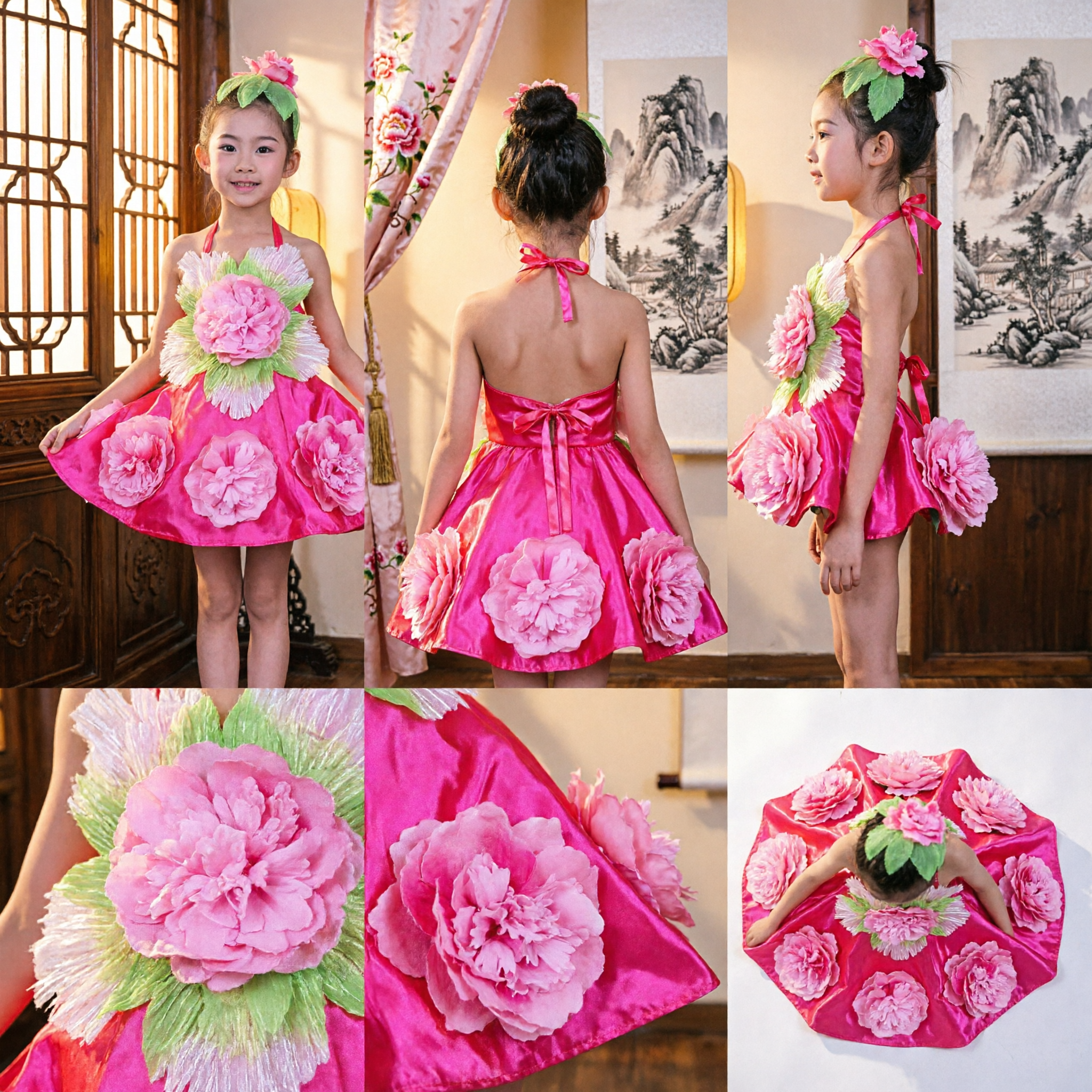 Girls Pink Flower Dance Costume Chinese Folk Dance Stage Performance Dress with Matching Headpiece