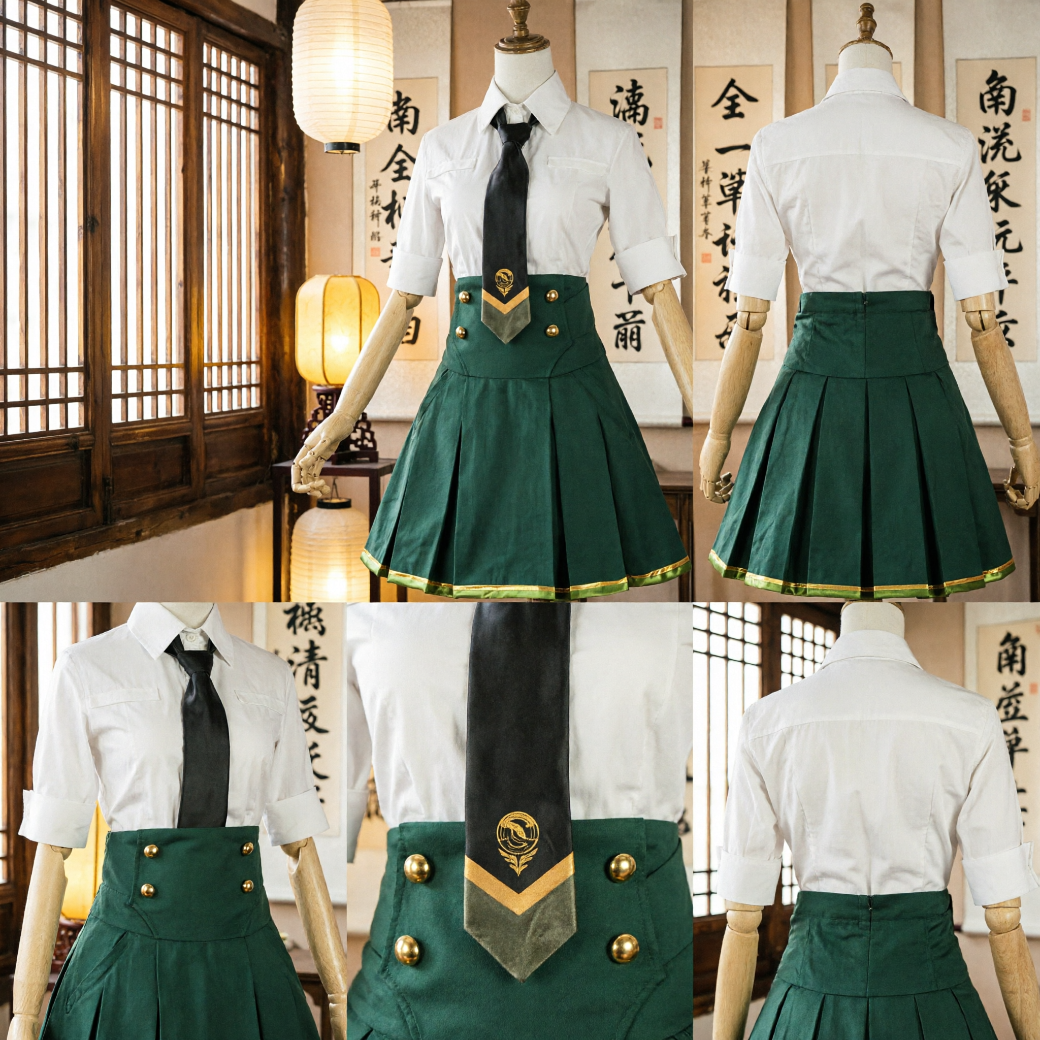Green Military School Uniform Cosplay Costume with White Shirt and Tie for Women Girls Anime Convention