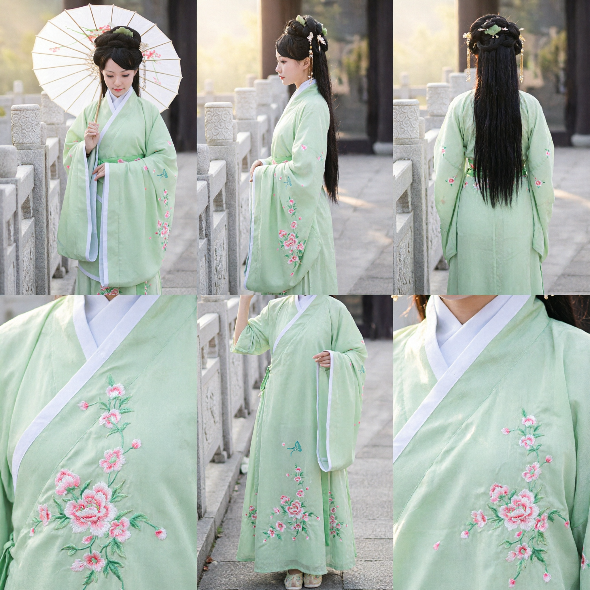 Elegant Light Green Hanfu Traditional Chinese Ancient Costume Floral Embroidered Ruqun Set for Women