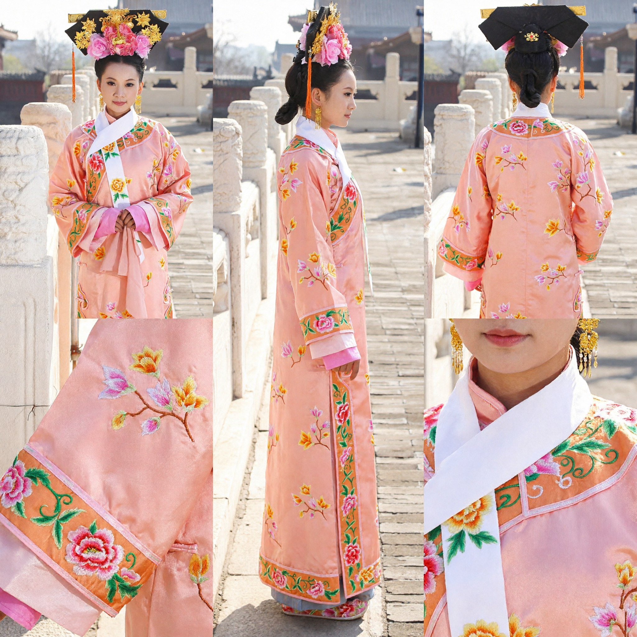 Traditional Chinese Qing Dynasty Manchu Princess Costume Pink Floral Embroidered Robe with Headdress for Women Cosplay
