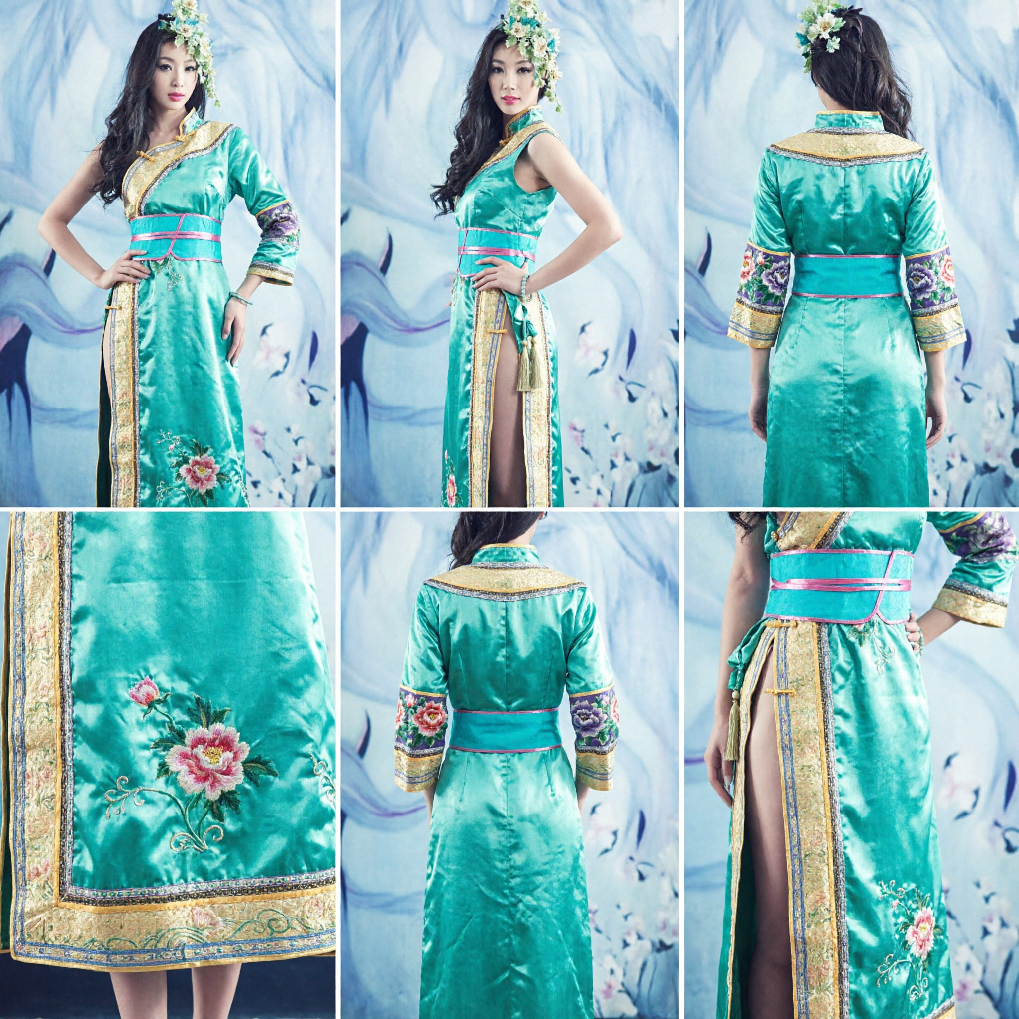 Elegant Teal Green Chinese Ethnic Dance Costume Women Traditional Stage Performance Dress with Gold Trim