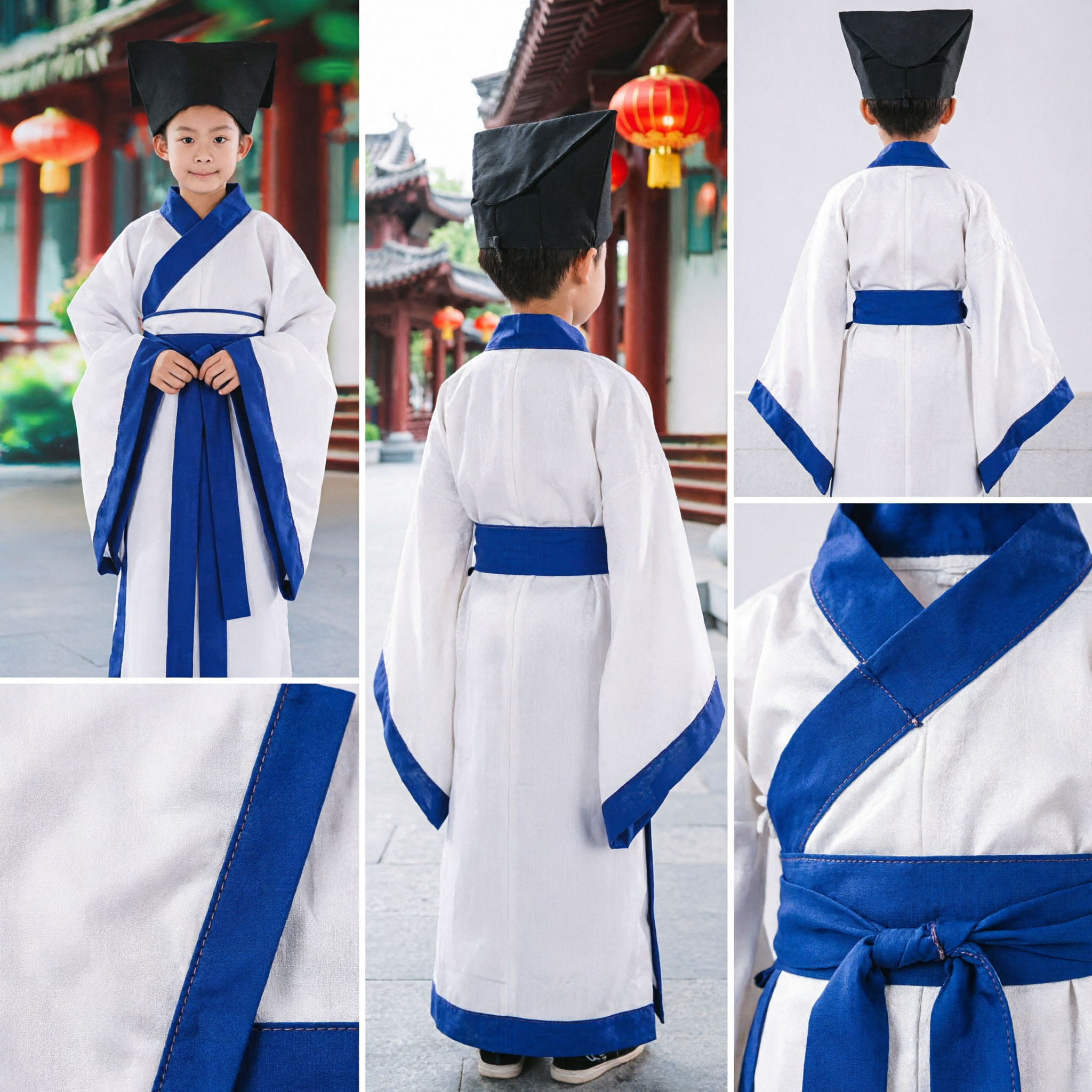 Kids Chinese Traditional Hanfu Costume Boys Ancient Scholar Student Clothing Blue and White Performance Wear