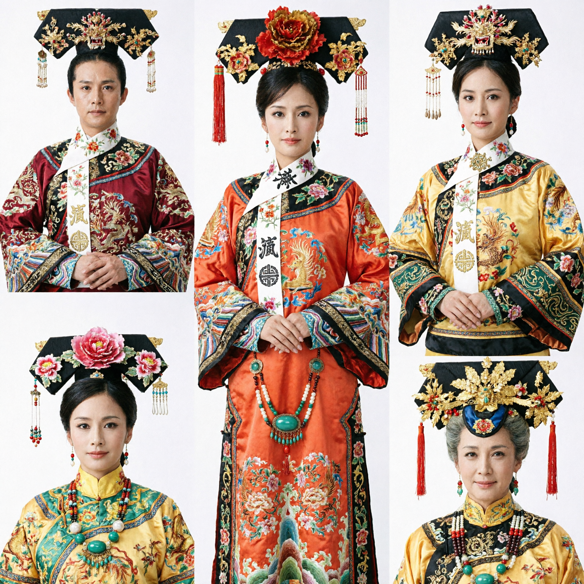 Authentic Chinese Qing Dynasty Palace Costumes Emperor Yellow Dragon Robe and Concubine Floral Gowns for Cosplay and Performance
