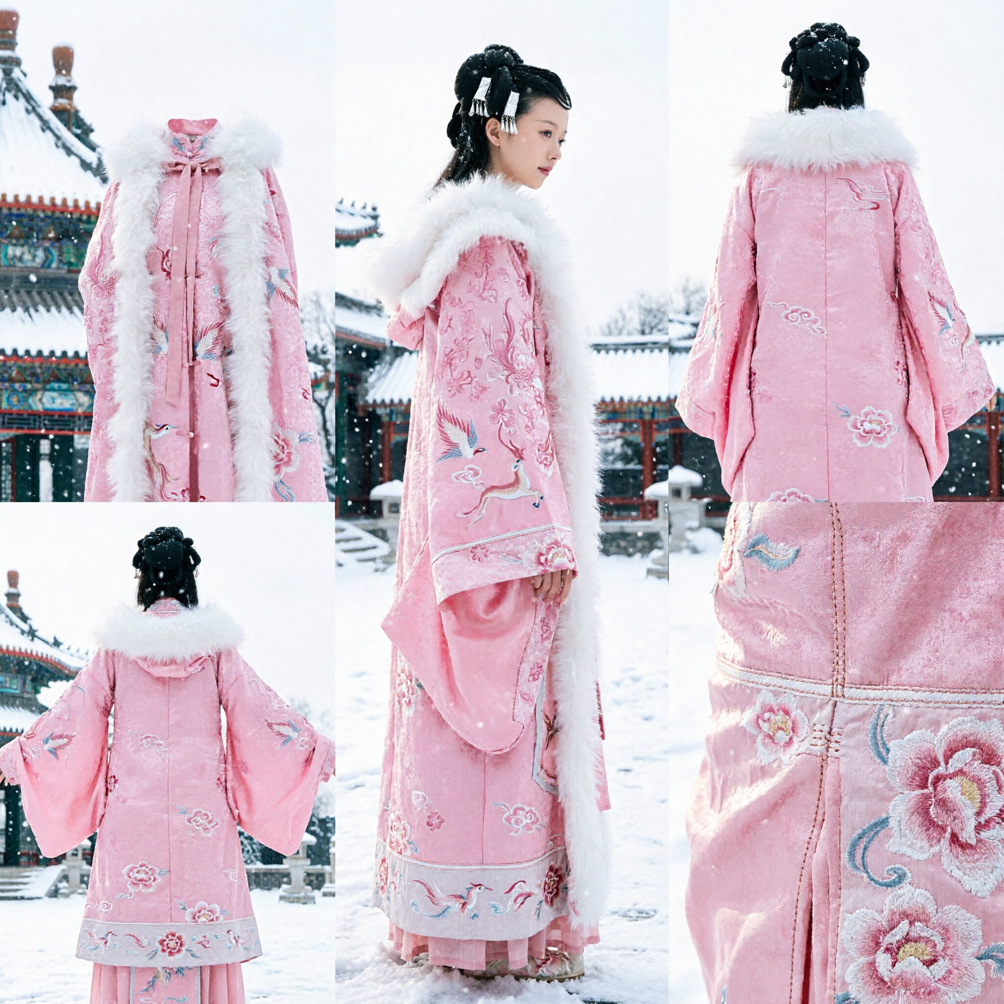 Pink Winter Hanfu Traditional Chinese Costume with White Fur Collar Ancient Embroidered Dress for Women