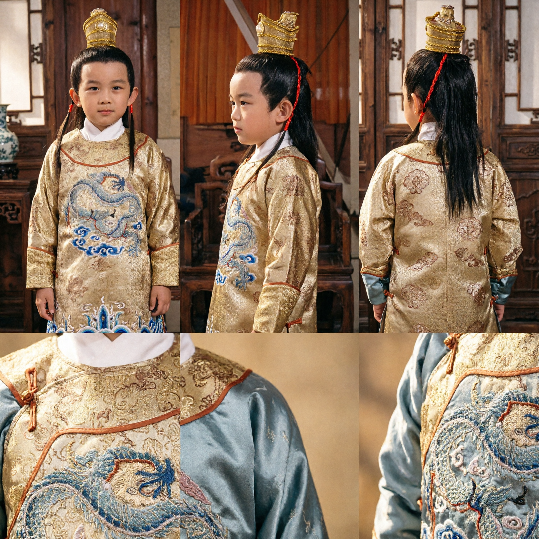 Kids Boys Ancient Chinese Prince Emperor Costume Dragon Robe Hanfu Crown Set Halloween Cosplay