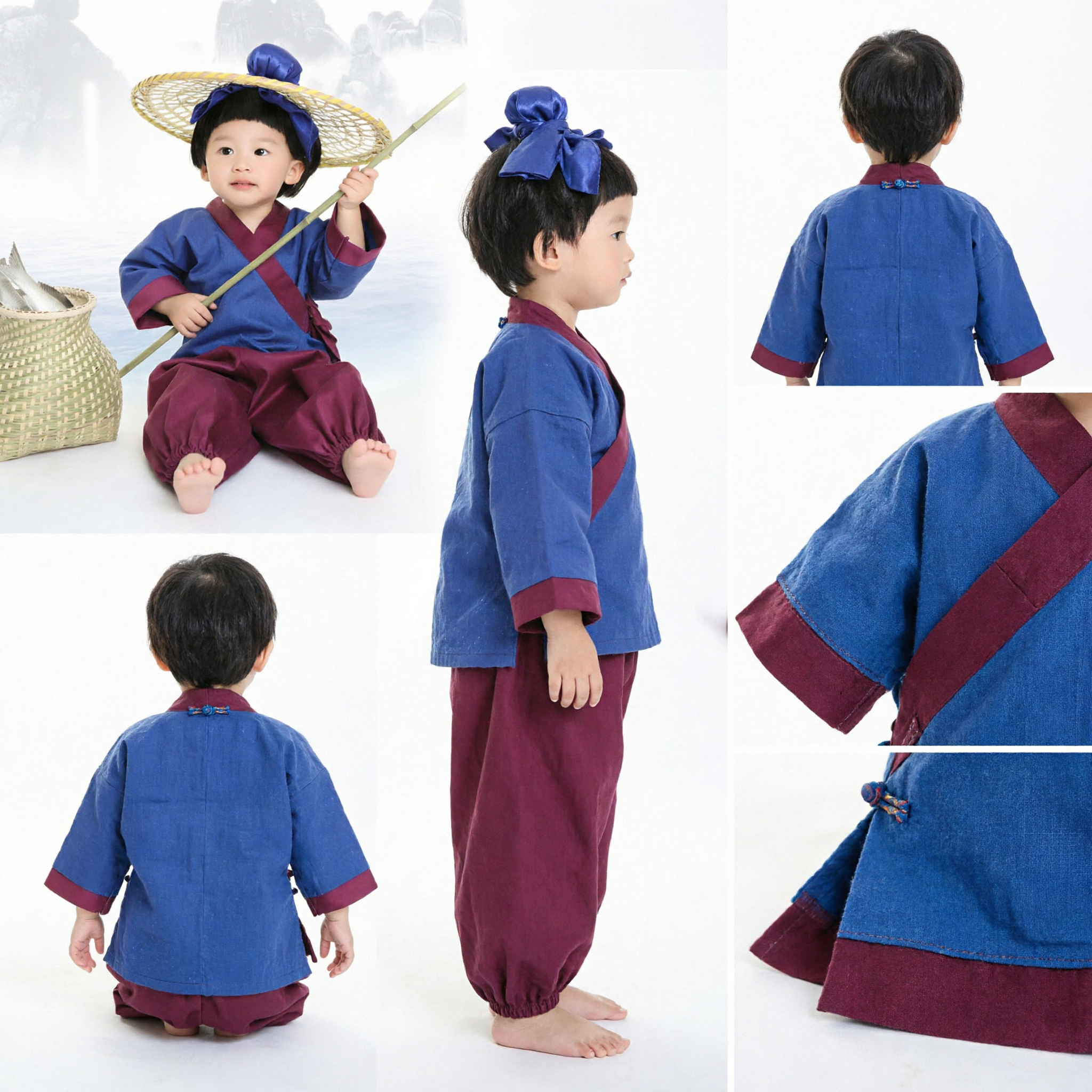 Boys Girls Ancient Chinese Fisherman Costume Traditional Hanfu Outfit with Straw Hat for Kids Cultural Performance
