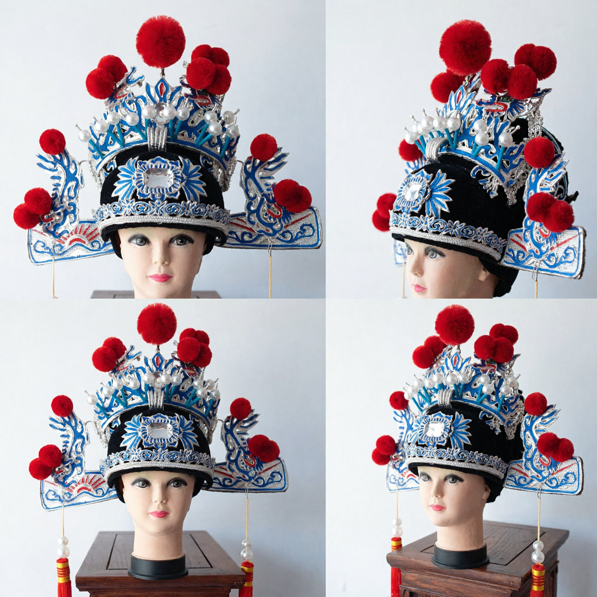 Traditional Chinese Peking Opera Headdress Blue Silver Embroidery General Helmet with Red Pom Poms for Stage Performance