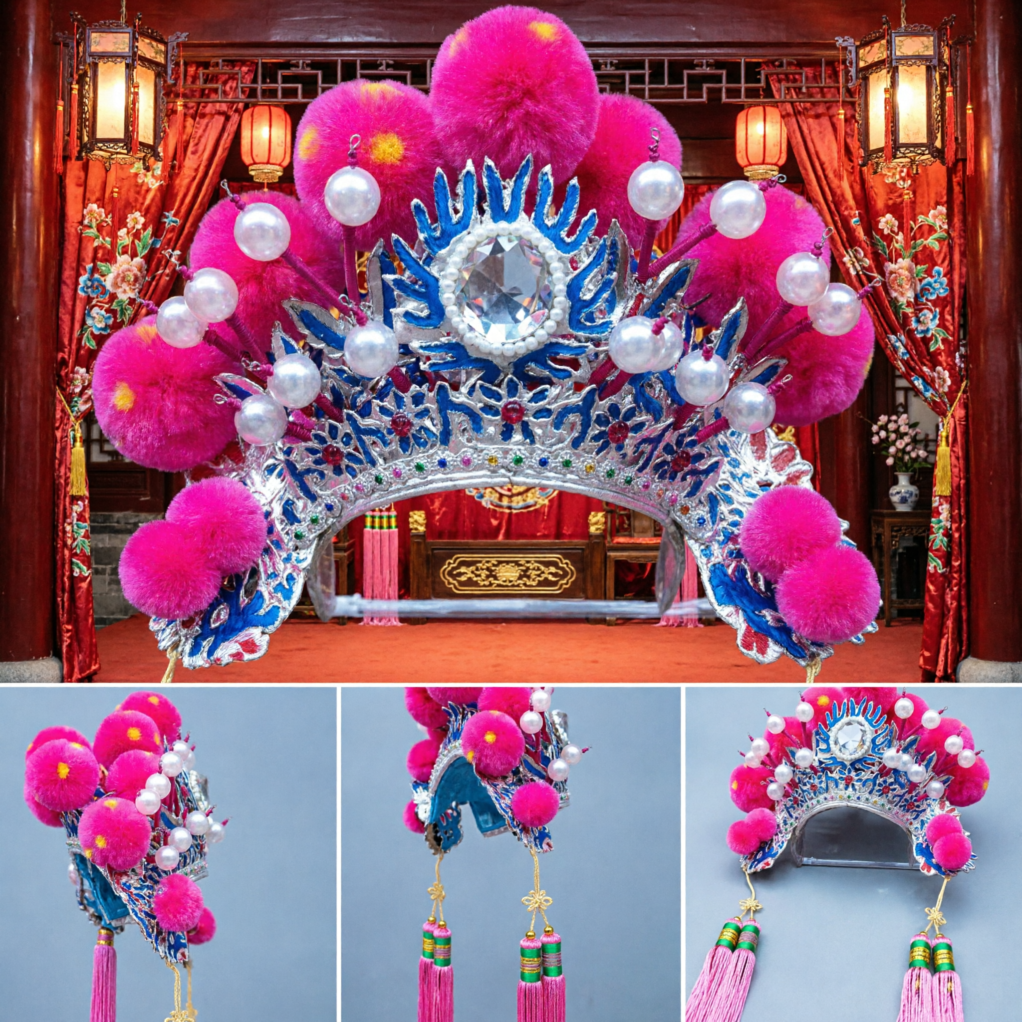 Traditional Chinese Opera Headdress Pink Phoenix Crown Peking Opera Costume Hairpiece for Stage Performance and Festivals