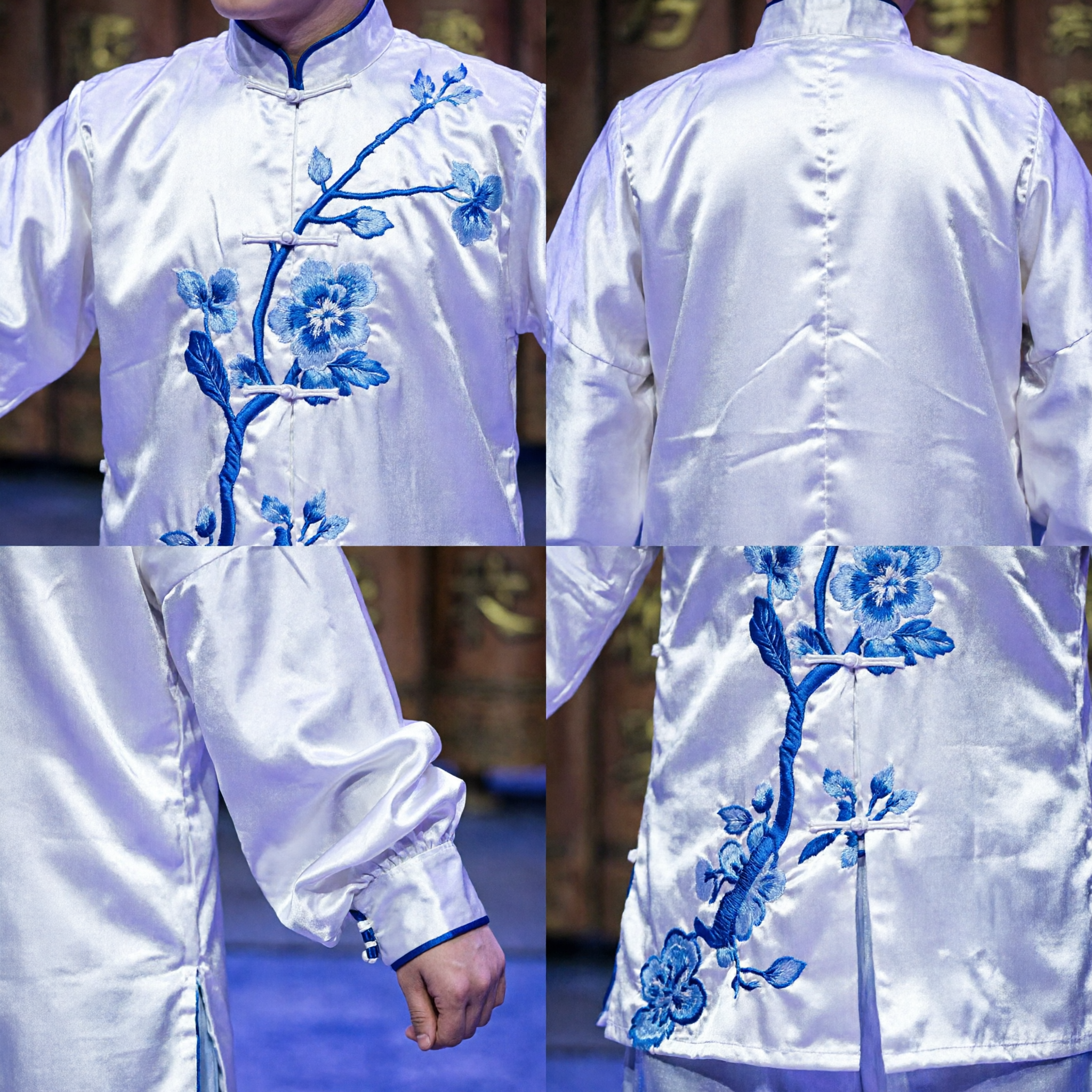 Men's White Bamboo Print Kung Fu Uniform Traditional Chinese Martial Arts Wushu Costume for Stage Performance