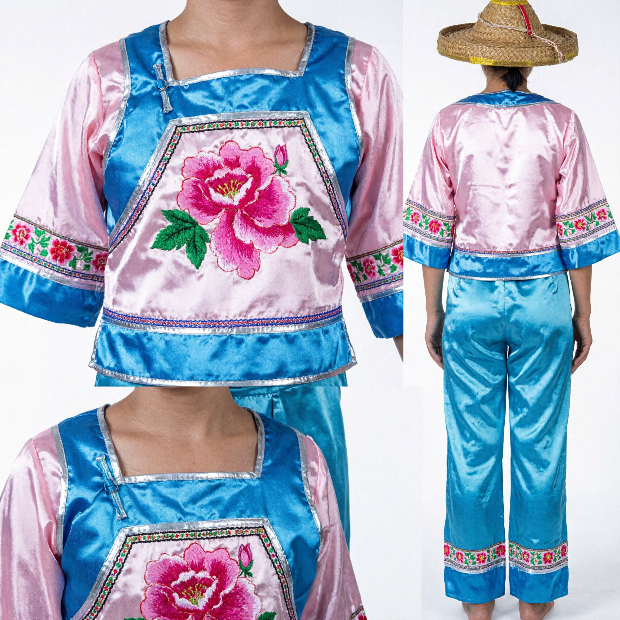 Traditional Chinese Folk Dance Costume for Girls Blue Satin Dress with Rose Pattern and Straw Hat Set