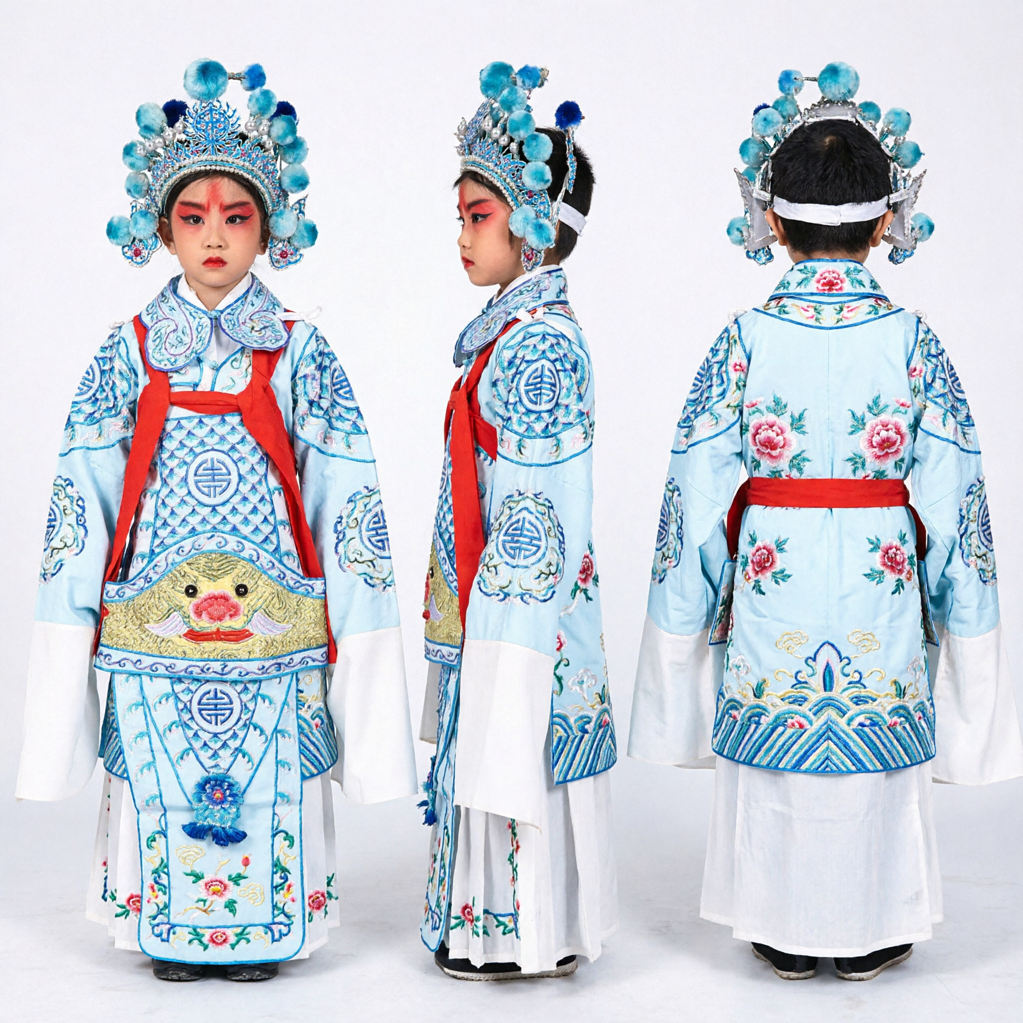 Kids Chinese Beijing Opera Wusheng General Costume Blue Embroidered Armor Suit for Stage Performance