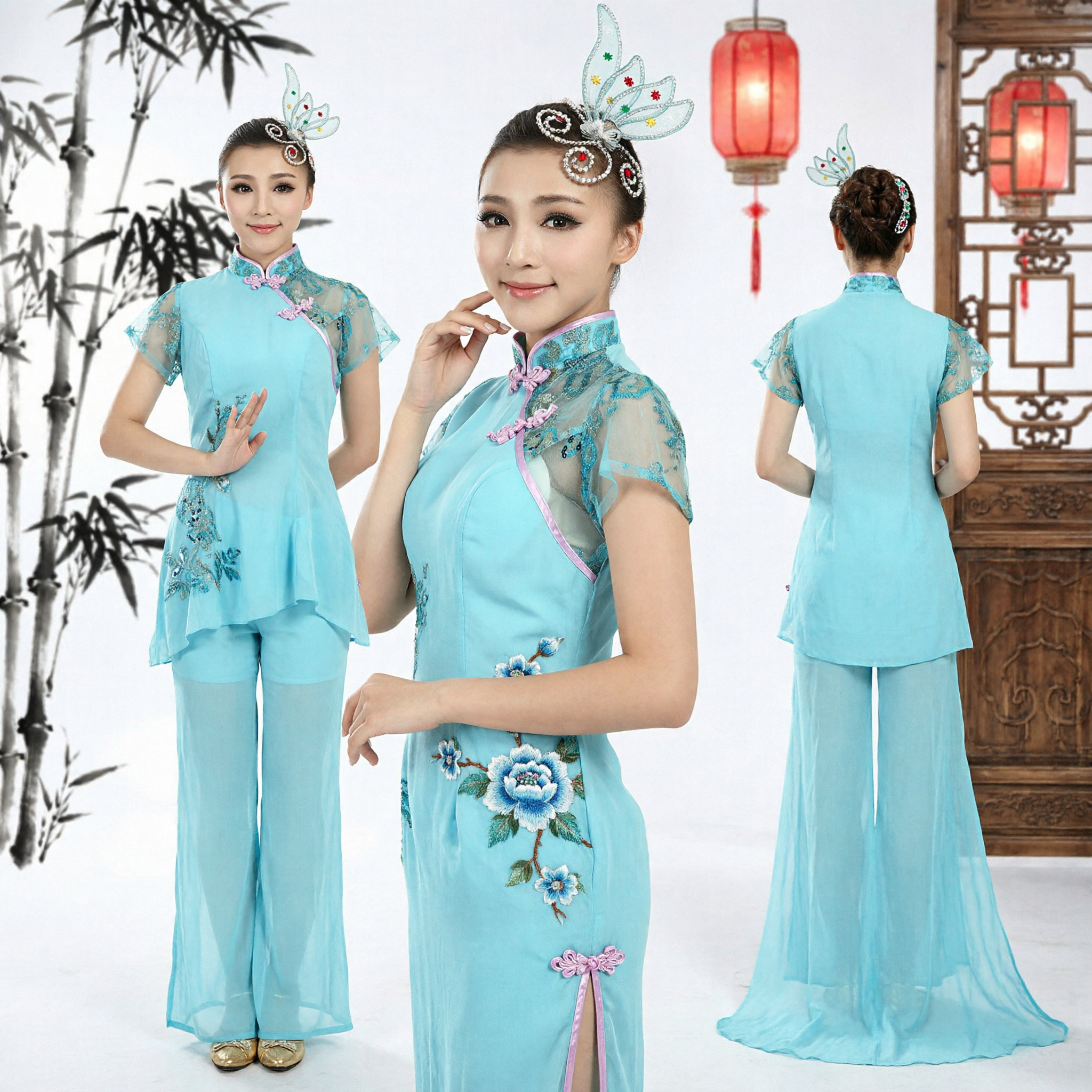 Elegant Blue Chinese Yangge Dance Costume Traditional Folk Performance Outfit for Women with Butterfly Headpiece