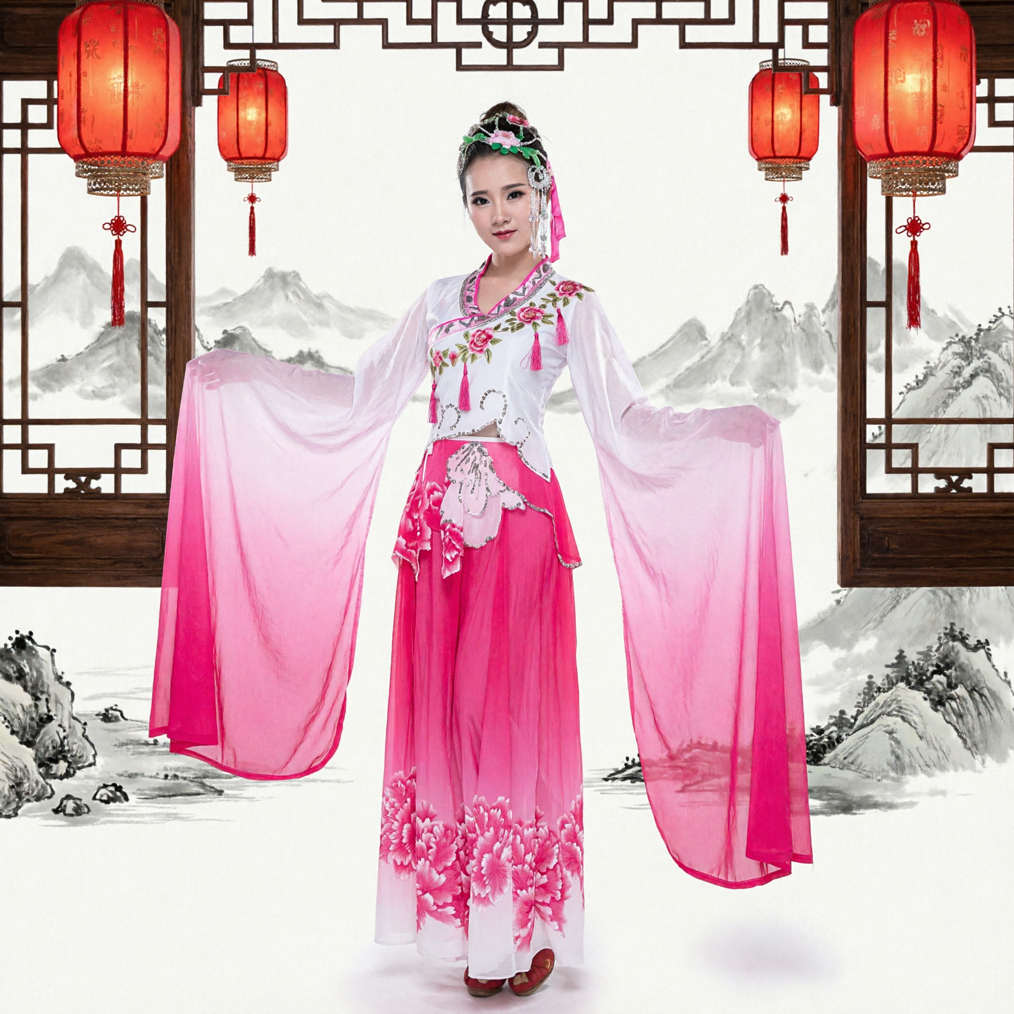 Pink Chinese Classical Dance Costume with Long Water Sleeves Yangge Folk Stage Performance Dress for Women