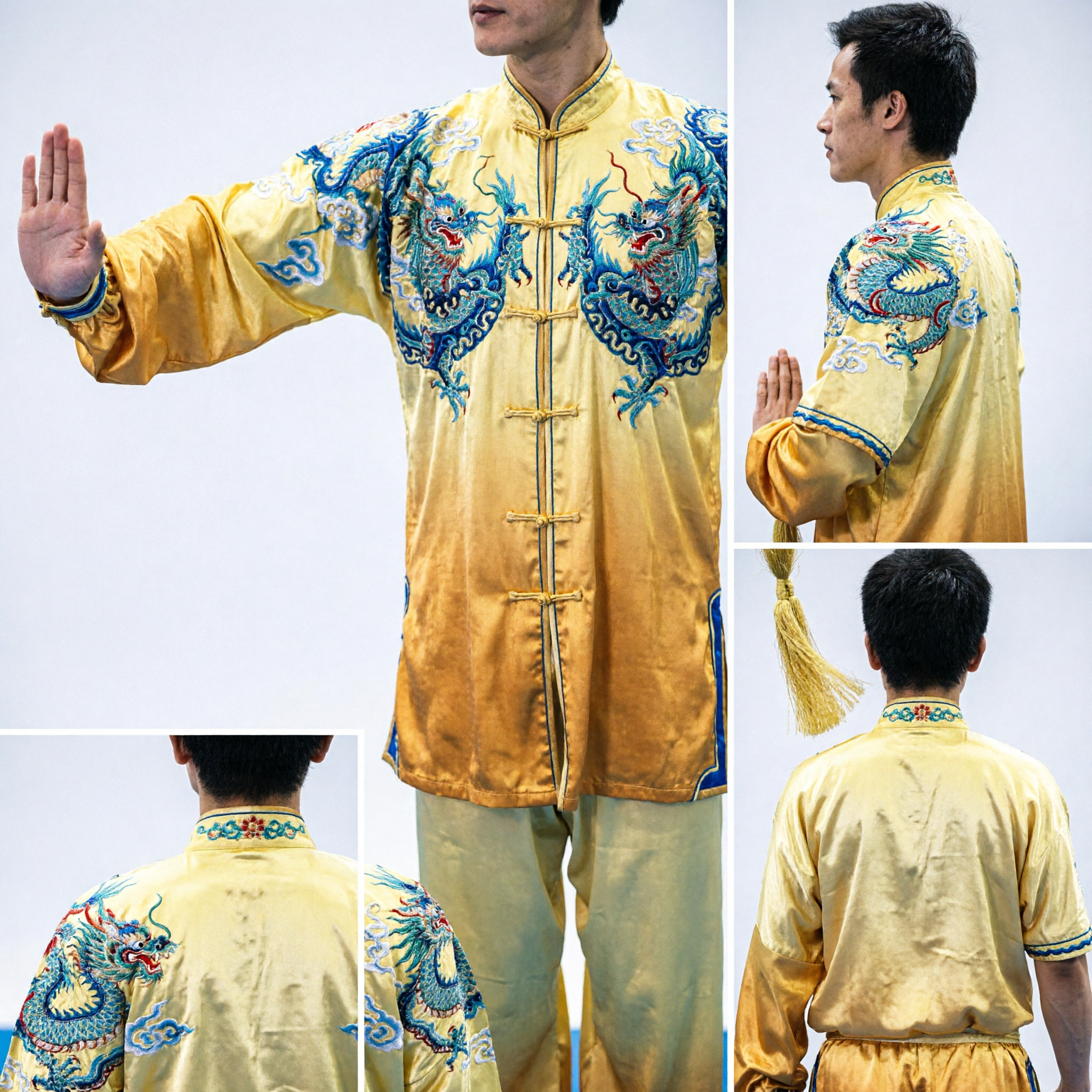 Men's Yellow Silk Kung Fu Uniform with Blue Dragon Embroidery for Wushu Tai Chi Competition Performance