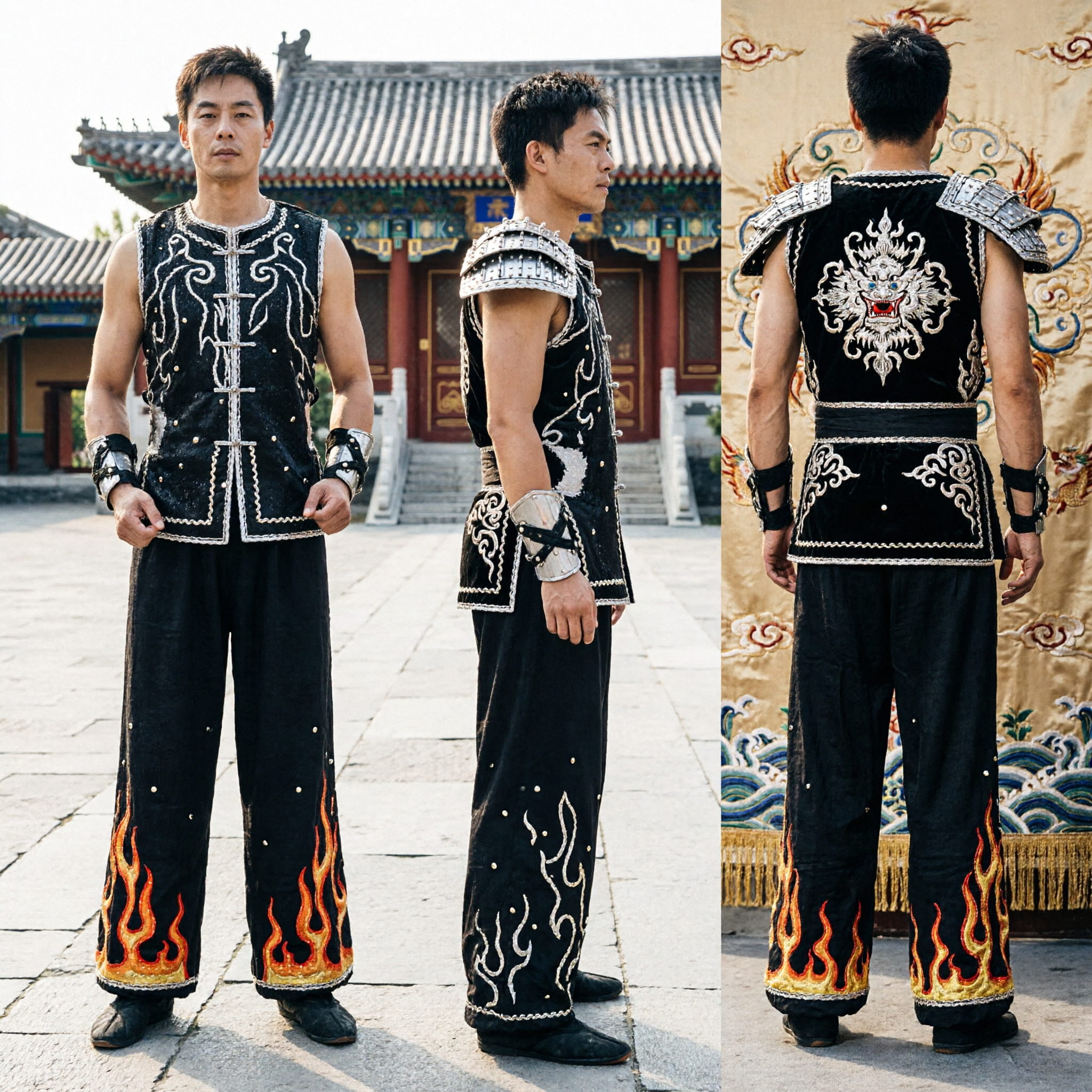 Men's Black Sleeveless Kung Fu Uniform Wushu Martial Arts Costume with Silver Embroidery for Competition Performance