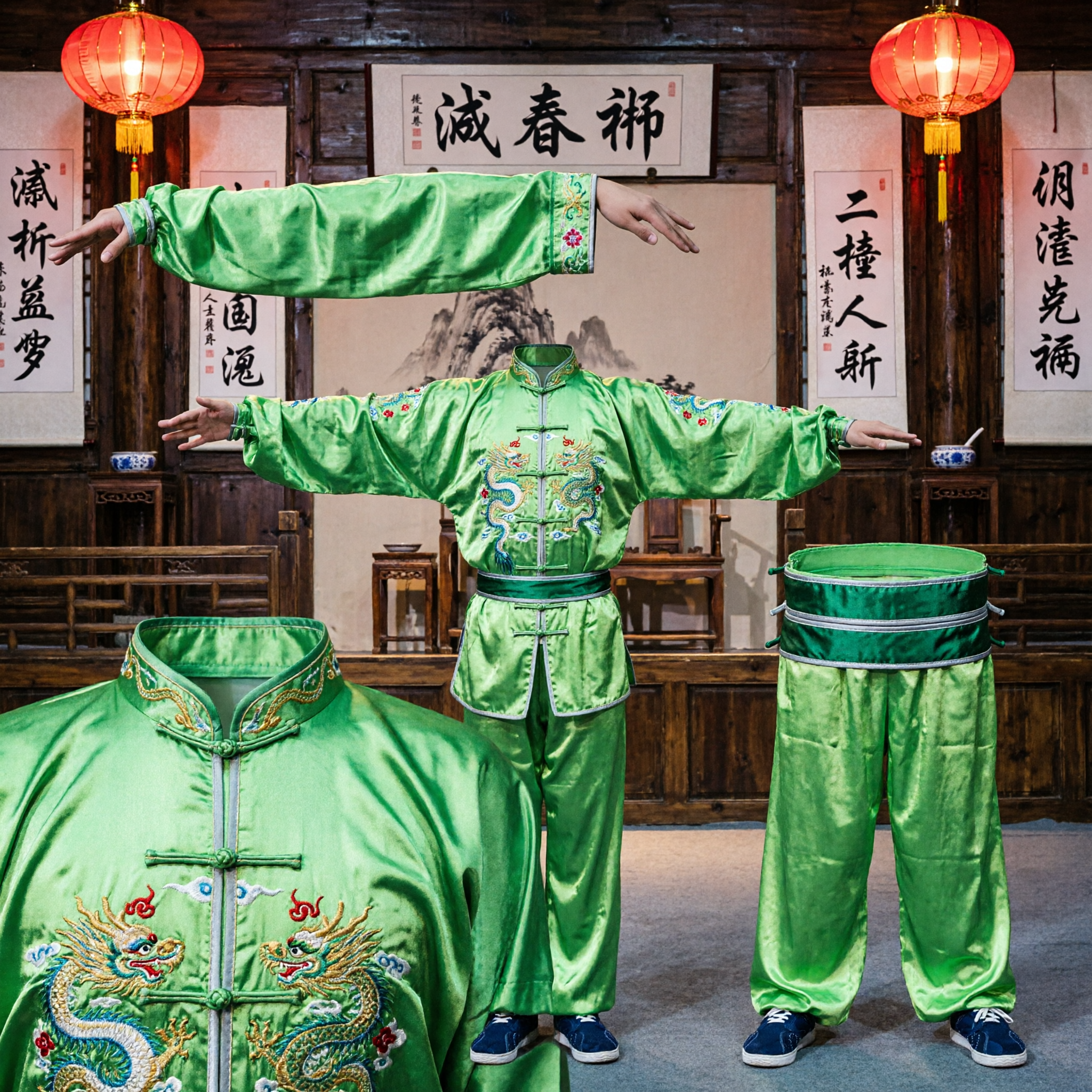 Men's Green Traditional Chinese Wushu Kung Fu Uniform for Martial Arts Competition Performance