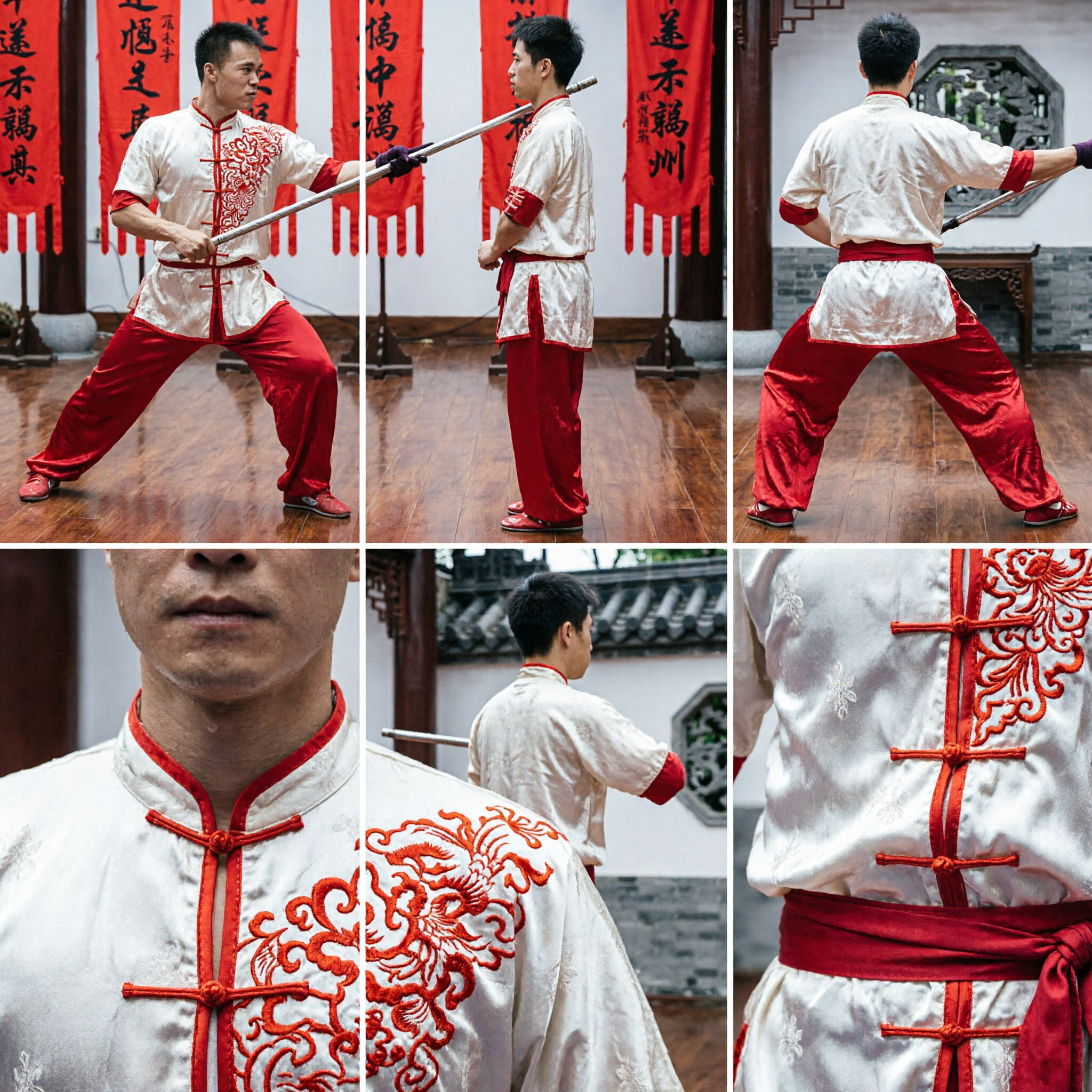 Men's Traditional Chinese Wushu Kung Fu Uniform White Red Dragon Embroidery Competition Performance Suit