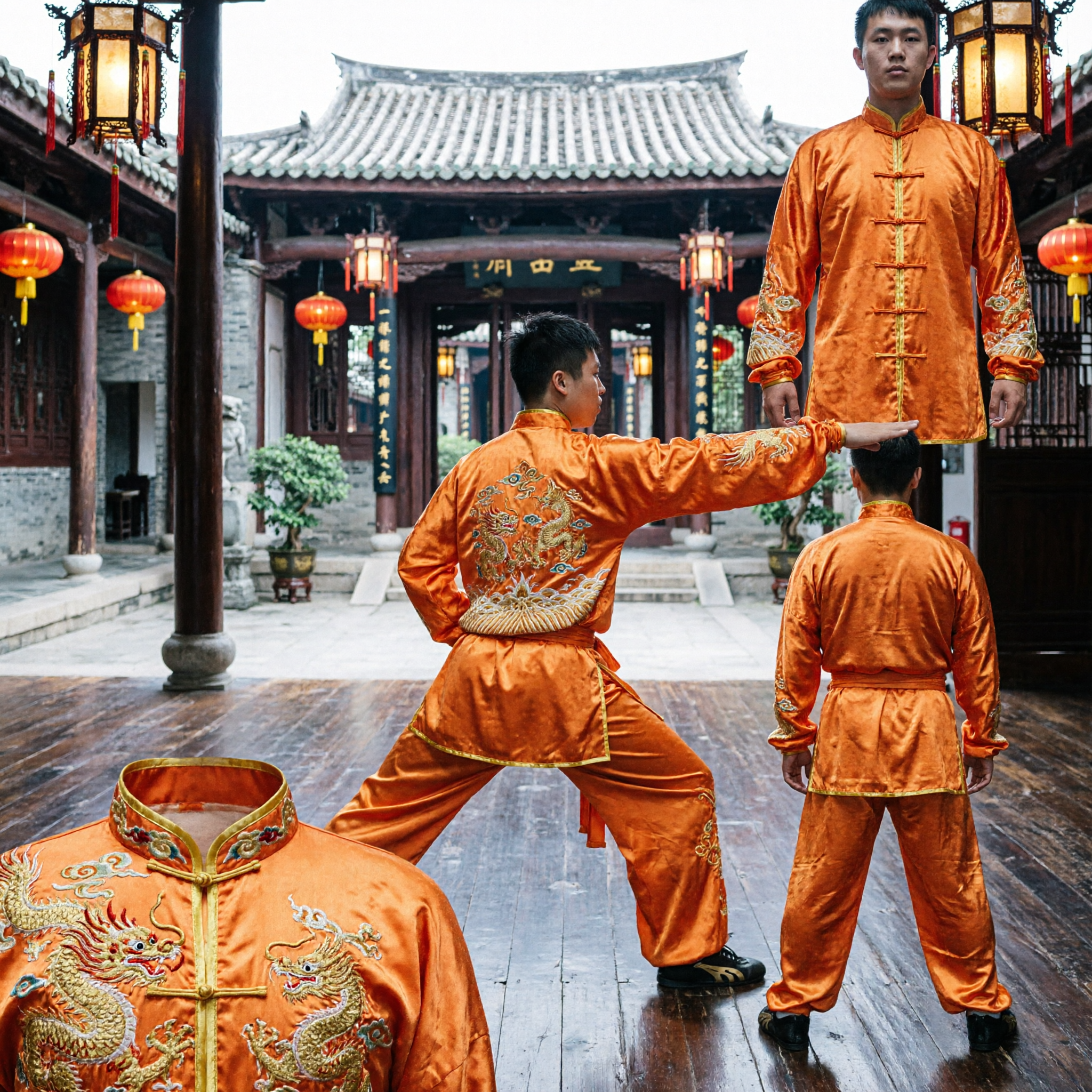Men's Orange Changquan Kung Fu Uniform with Gold Embroidery for Traditional Wushu Competition Performance