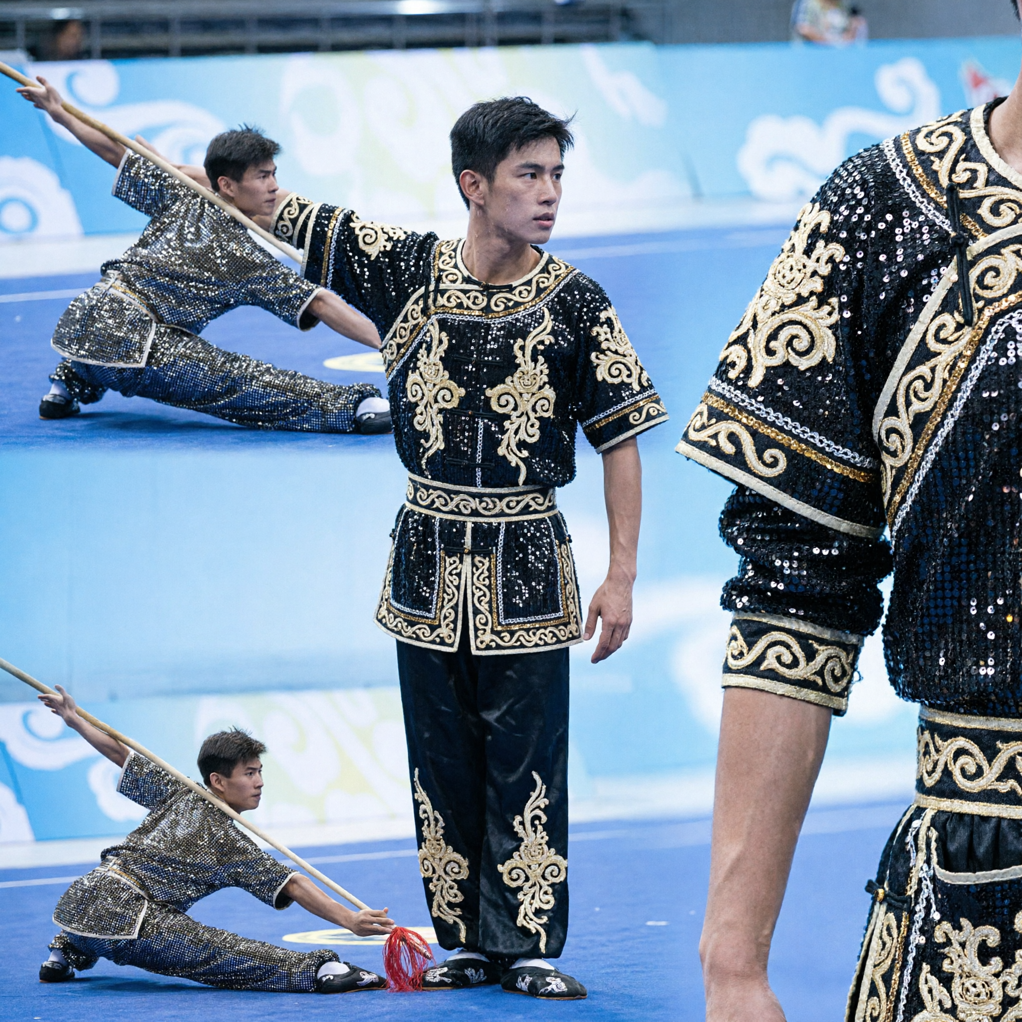 Men's Professional Sequin Wushu Kung Fu Uniform for Martial Arts Competition and Performance