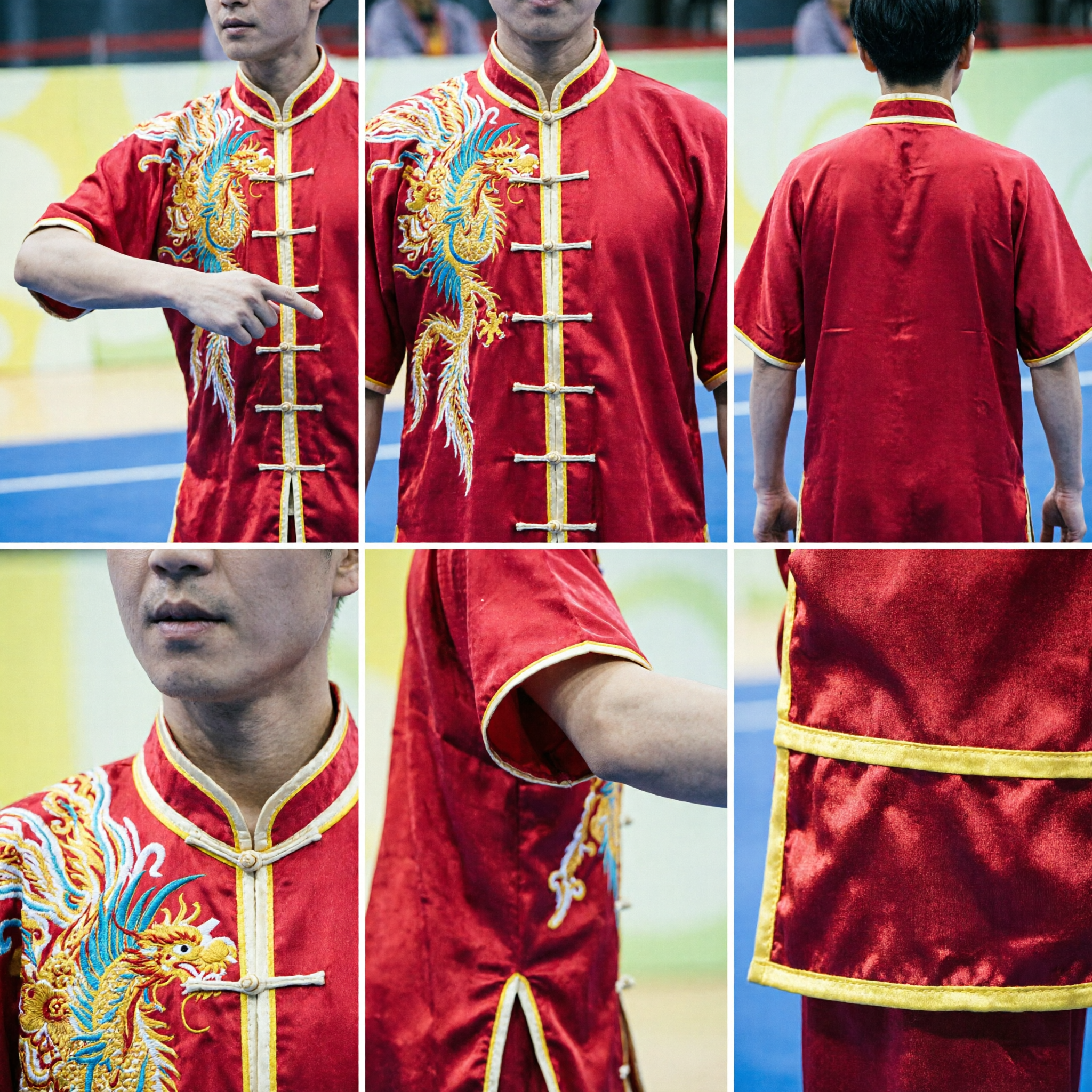Mens Traditional Red Kung Fu Uniform Set with Gold Embroidery for Wushu Tai Chi Competition