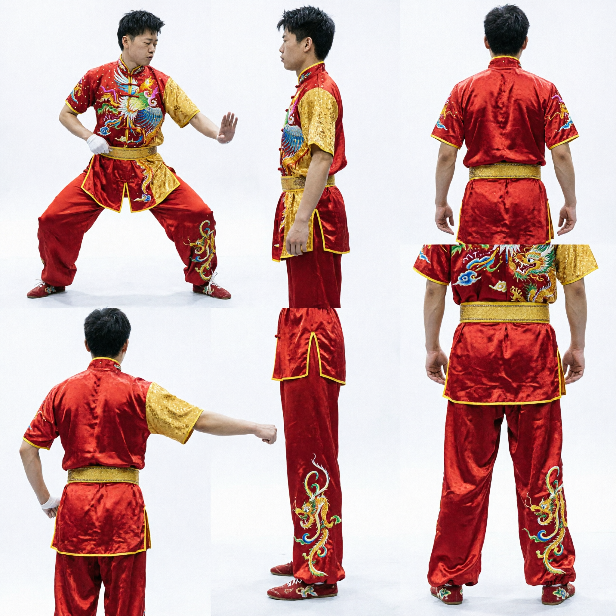 Men's Professional Wushu Changquan Uniform Red Gold Dragon Embroidery Kung Fu Costume for Competition