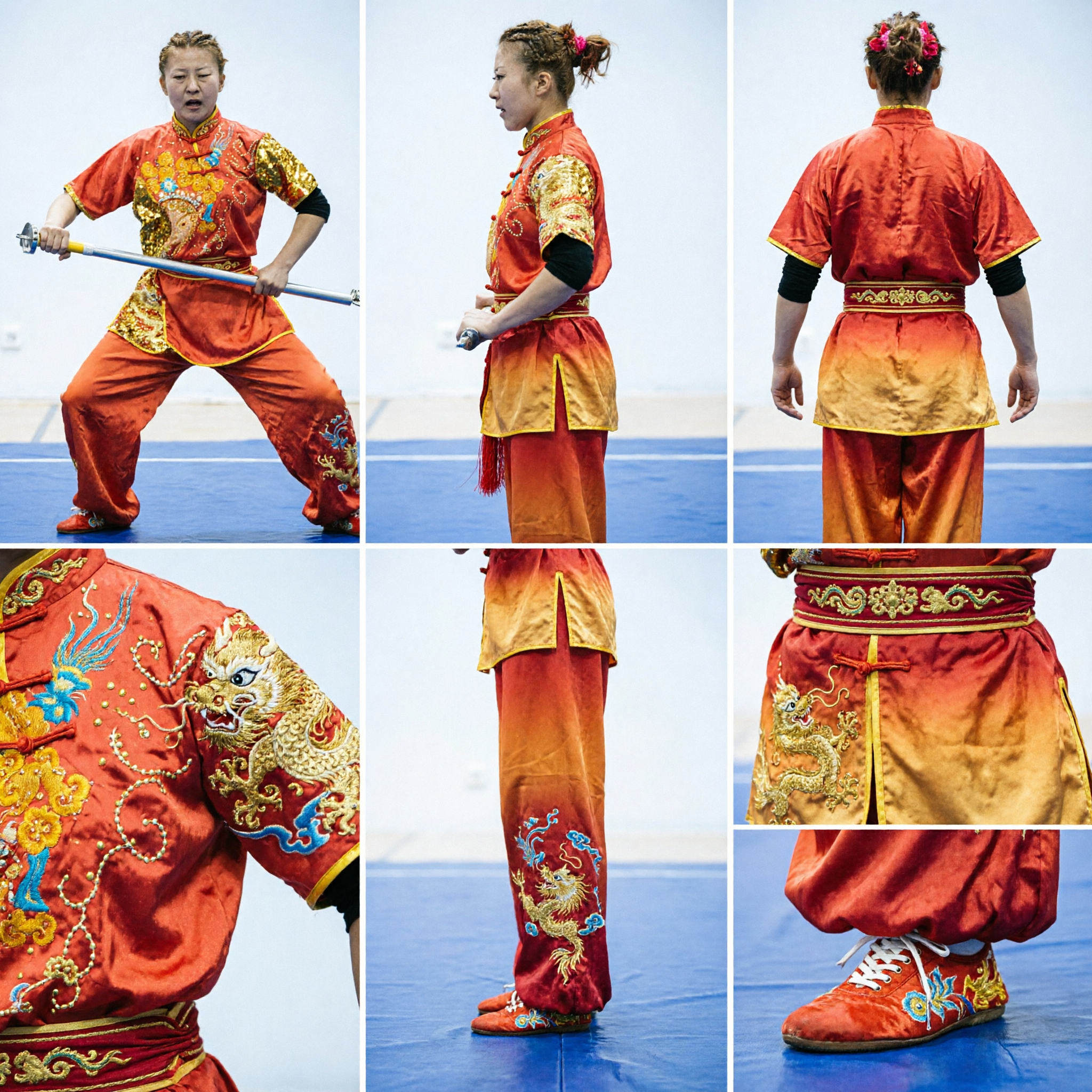 Women's Orange Gold Sequin Dragon Wushu Changquan Uniform Traditional Kung Fu Martial Arts Competition Costume