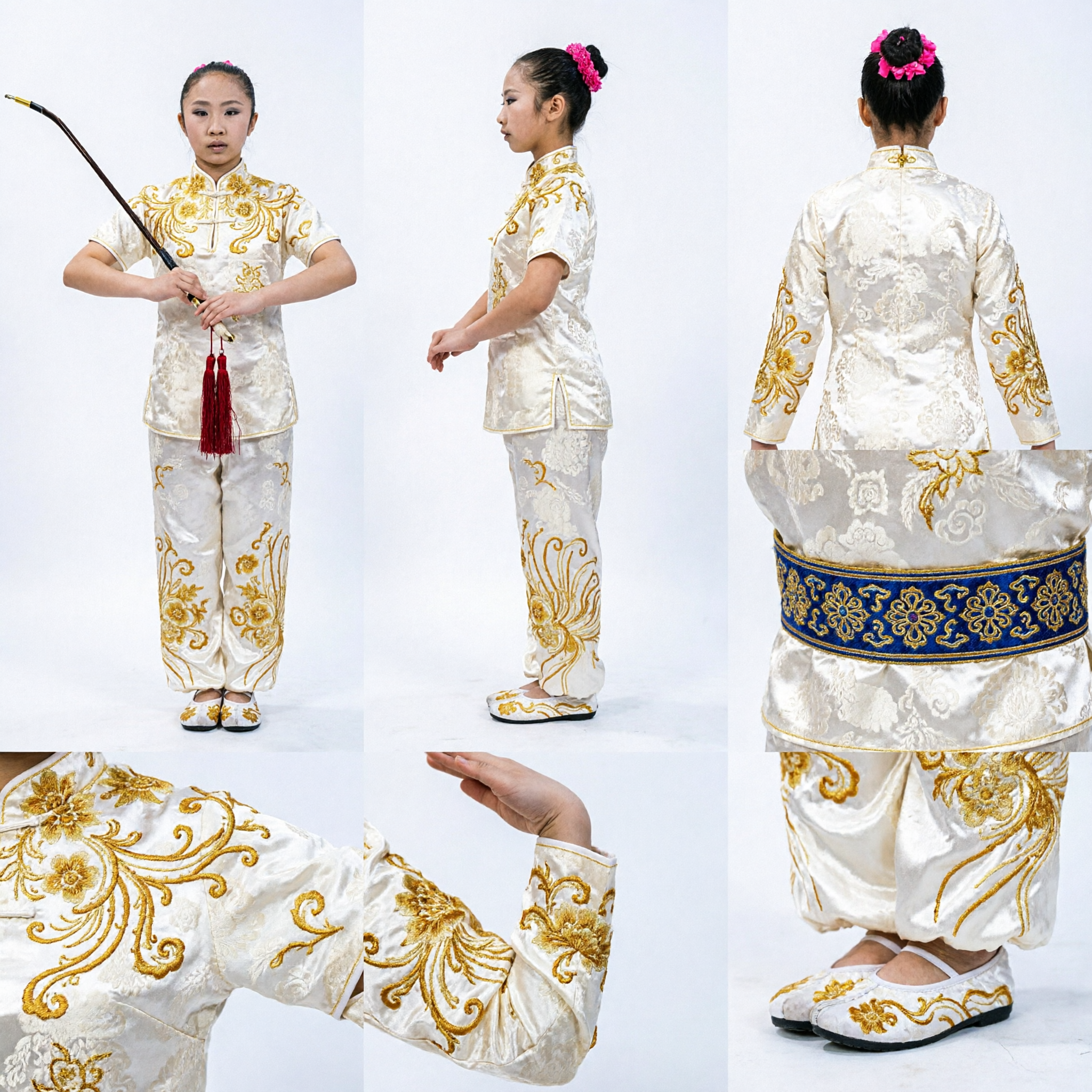Women's White Gold Embroidered Wushu Uniform Traditional Chinese Martial Arts Changquan Competition Costume