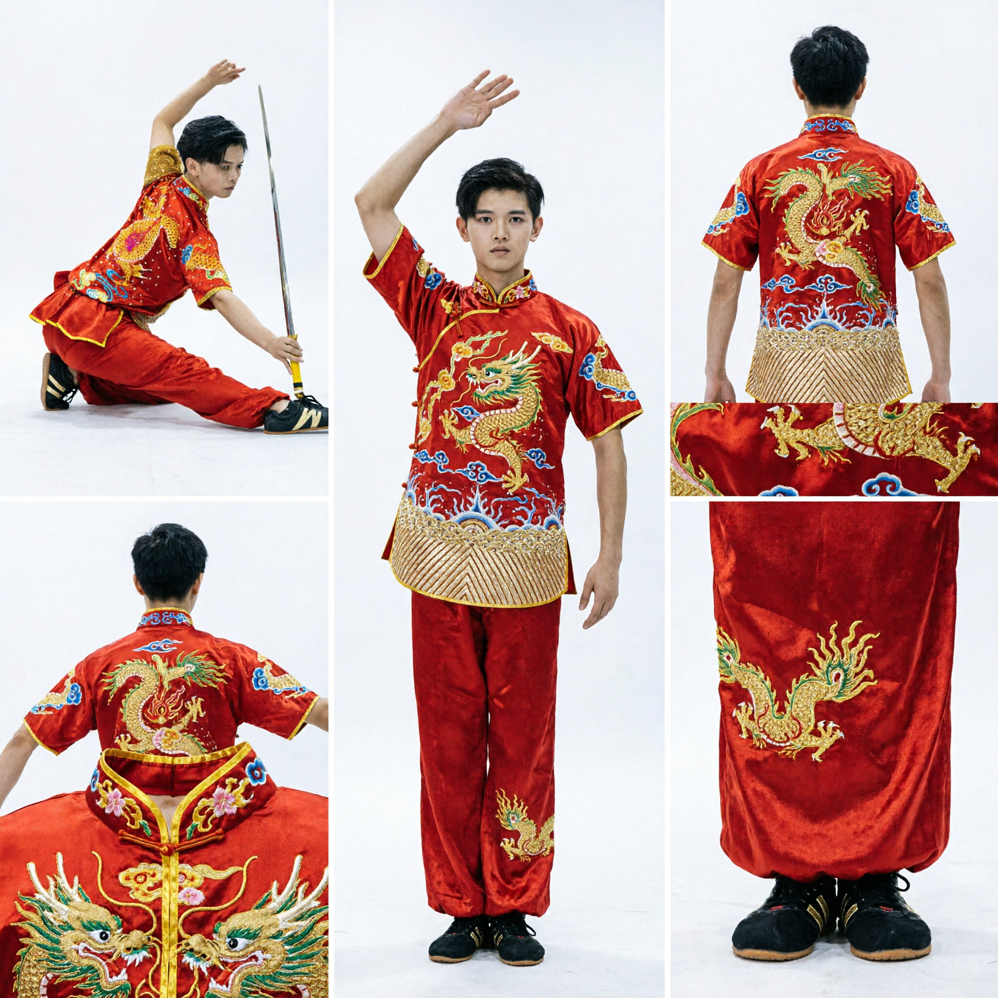 Traditional Chinese Kung Fu Uniform Kids Boys Red Dragon Embroidery Wushu Martial Arts Performance Costume
