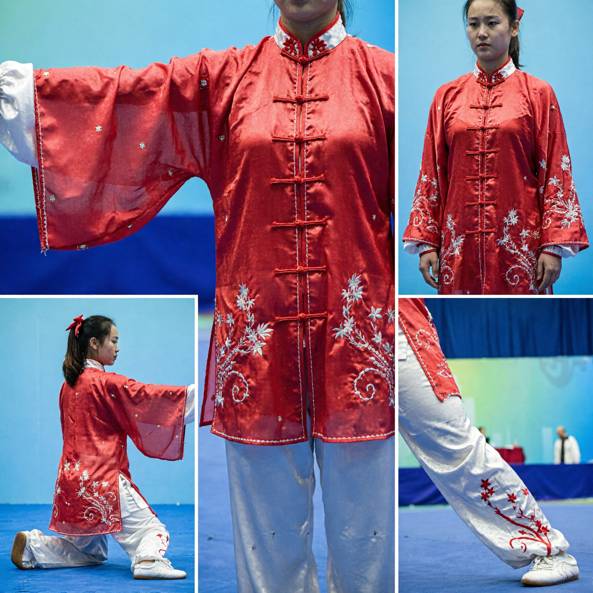 Professional Wushu Changquan Uniform Set Red Silk Top White Pants Embroidery Martial Arts Costume for Women