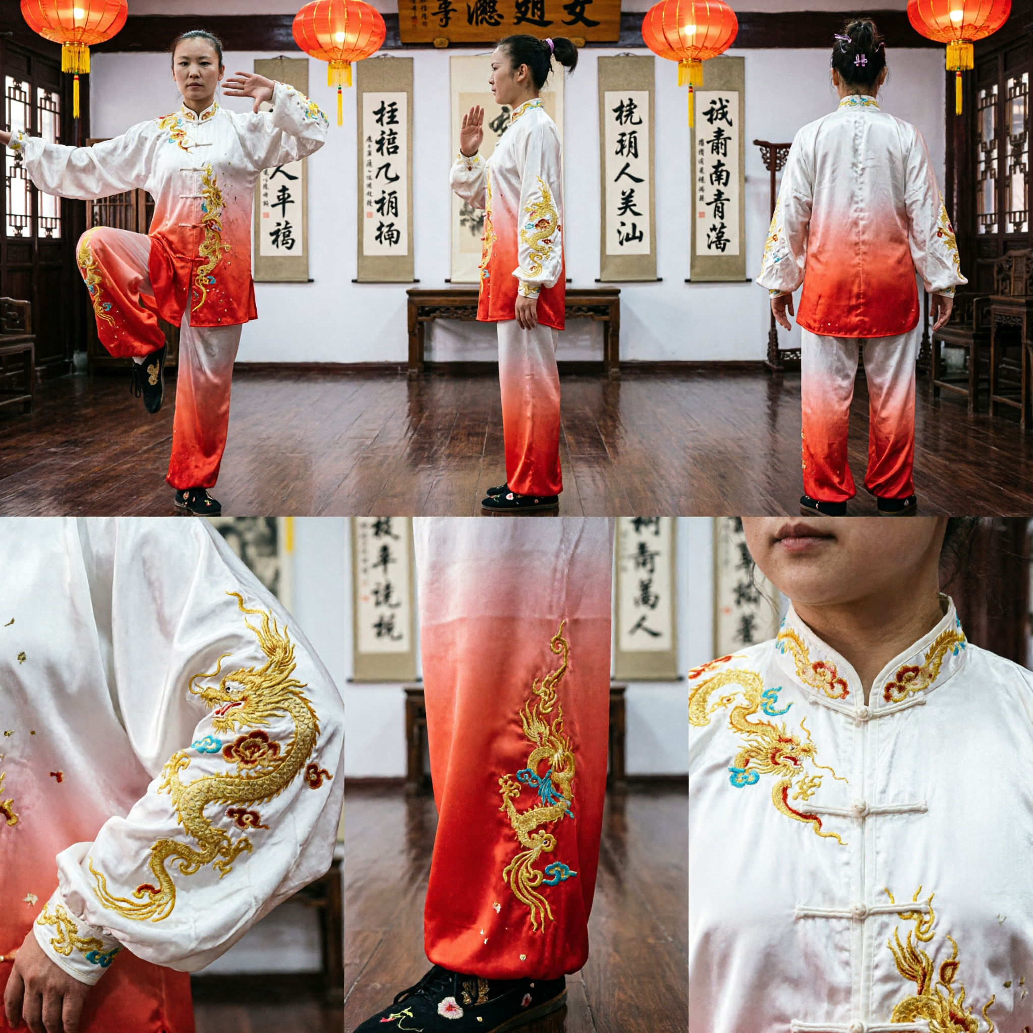 Women's Traditional Wushu Changquan Uniform Professional Kung Fu Competition Costume with Floral Embroidery and Gradient Pants