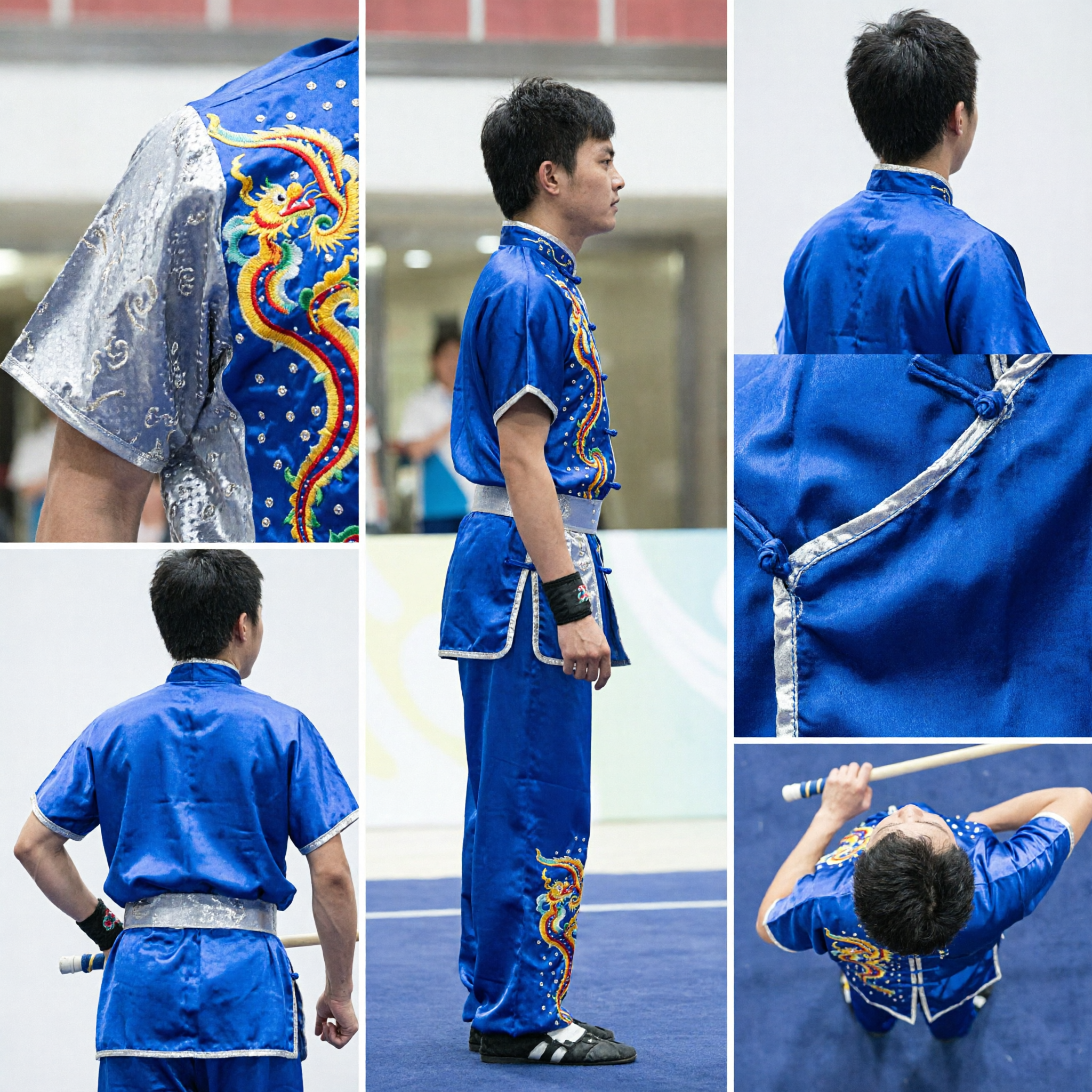 Men's Blue Dragon Embroidery Wushu Uniform Traditional Kung Fu Changquan Competition Performance Costume