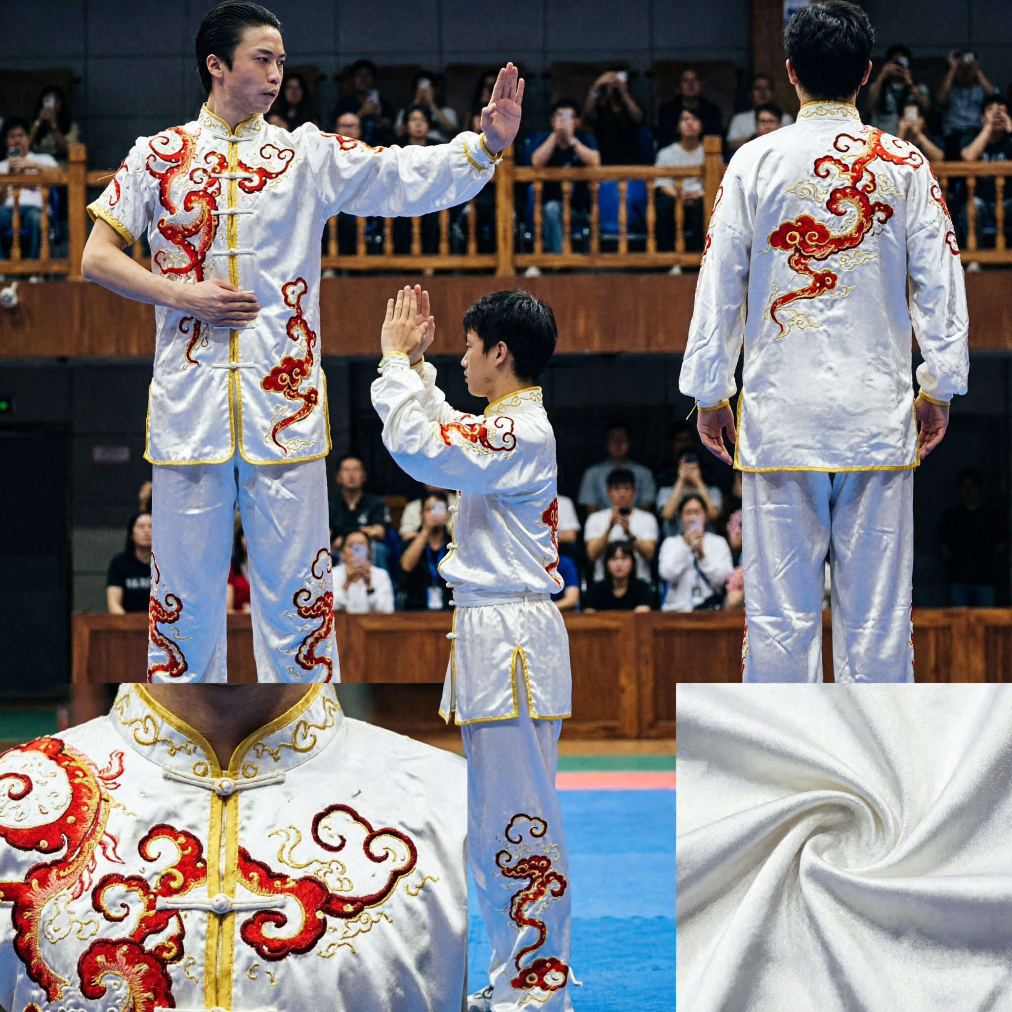 Men's White Dragon Embroidery Kung Fu Uniform Wushu Competition Costume Martial Arts Tai Chi Suit for Performance