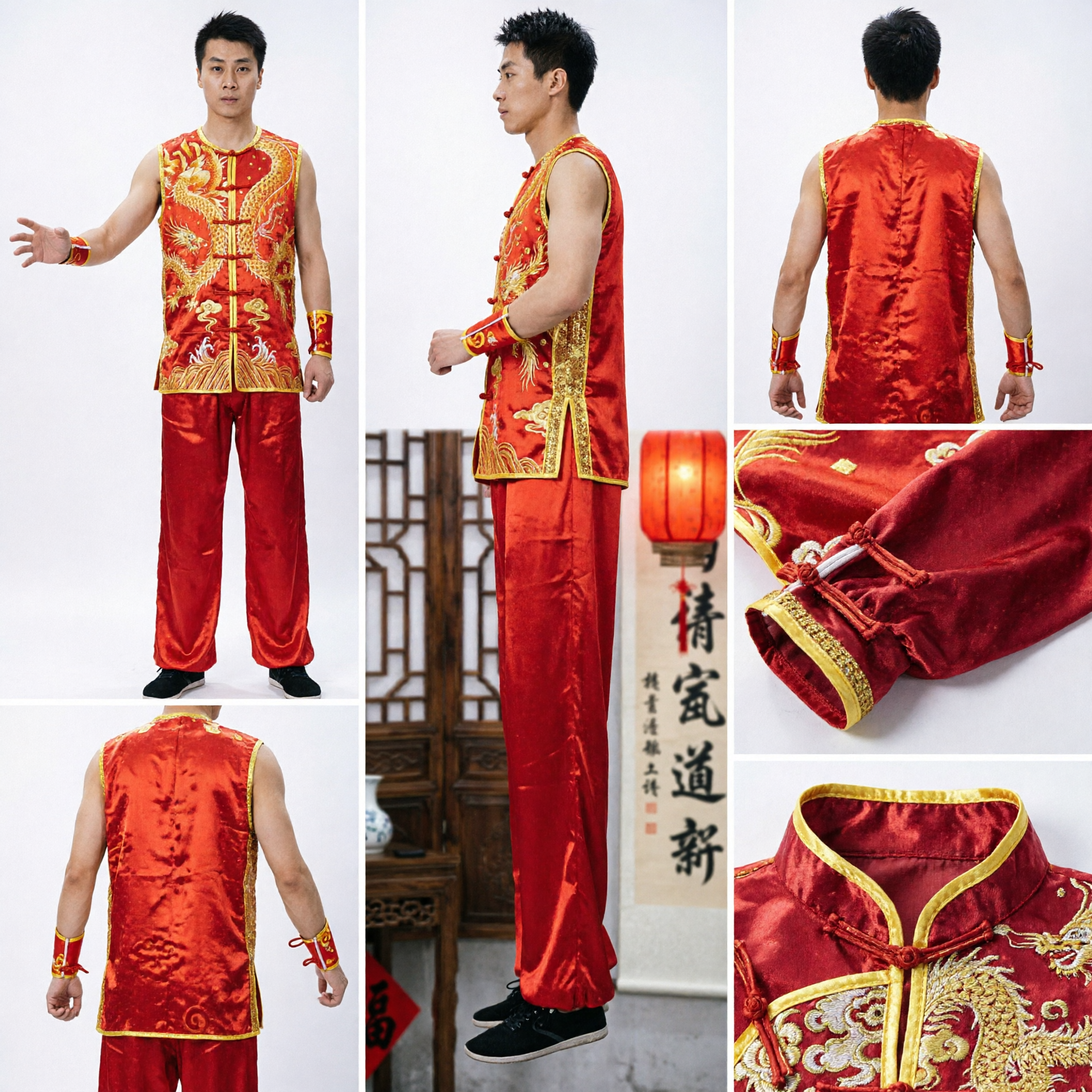 Men's Red Dragon Embroidery Kung Fu Uniform Traditional Wushu Competition Performance Chinese Martial Arts Costume