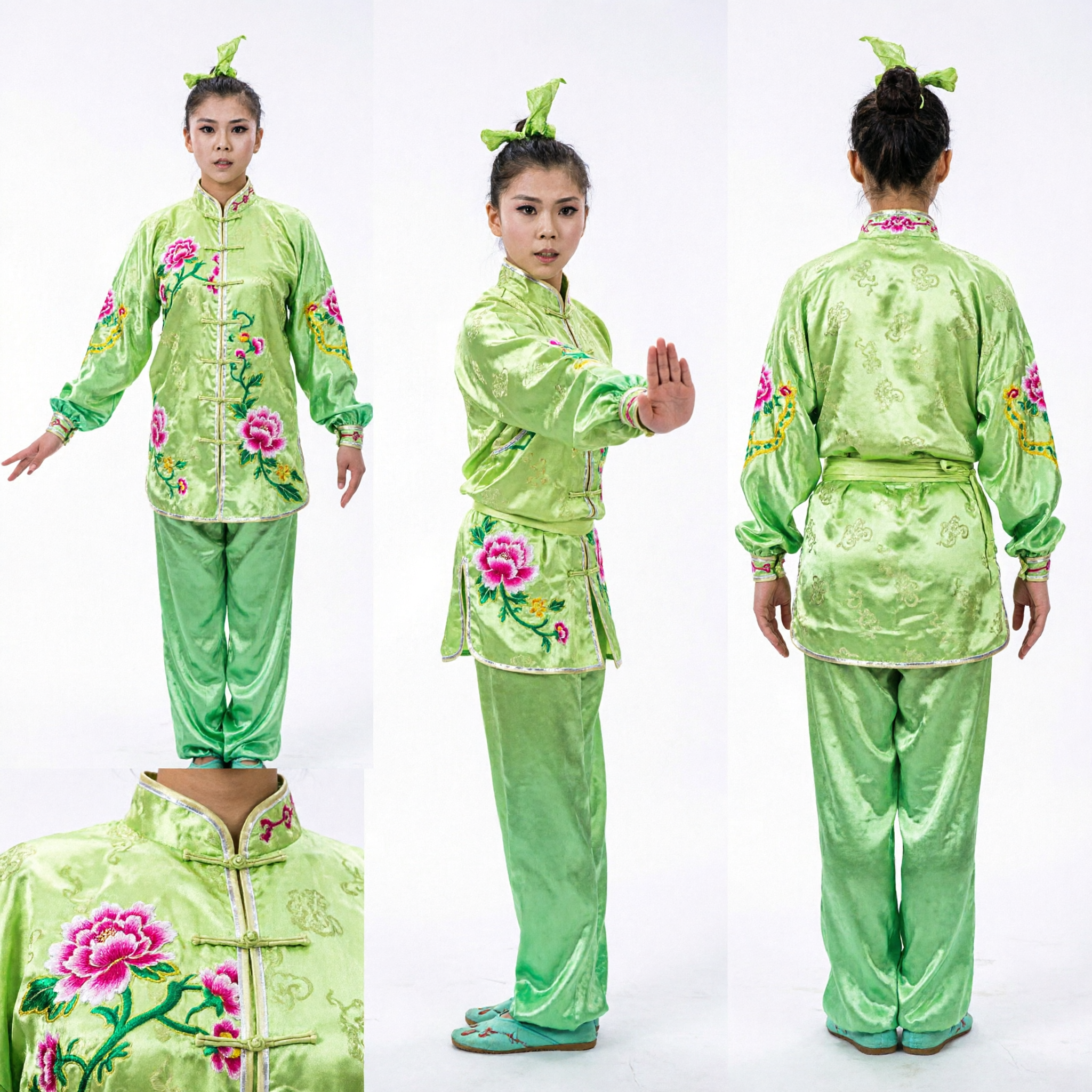 Kids Girls Green Floral Wushu Kung Fu Uniform Traditional Chinese Martial Arts Performance Competition Costume