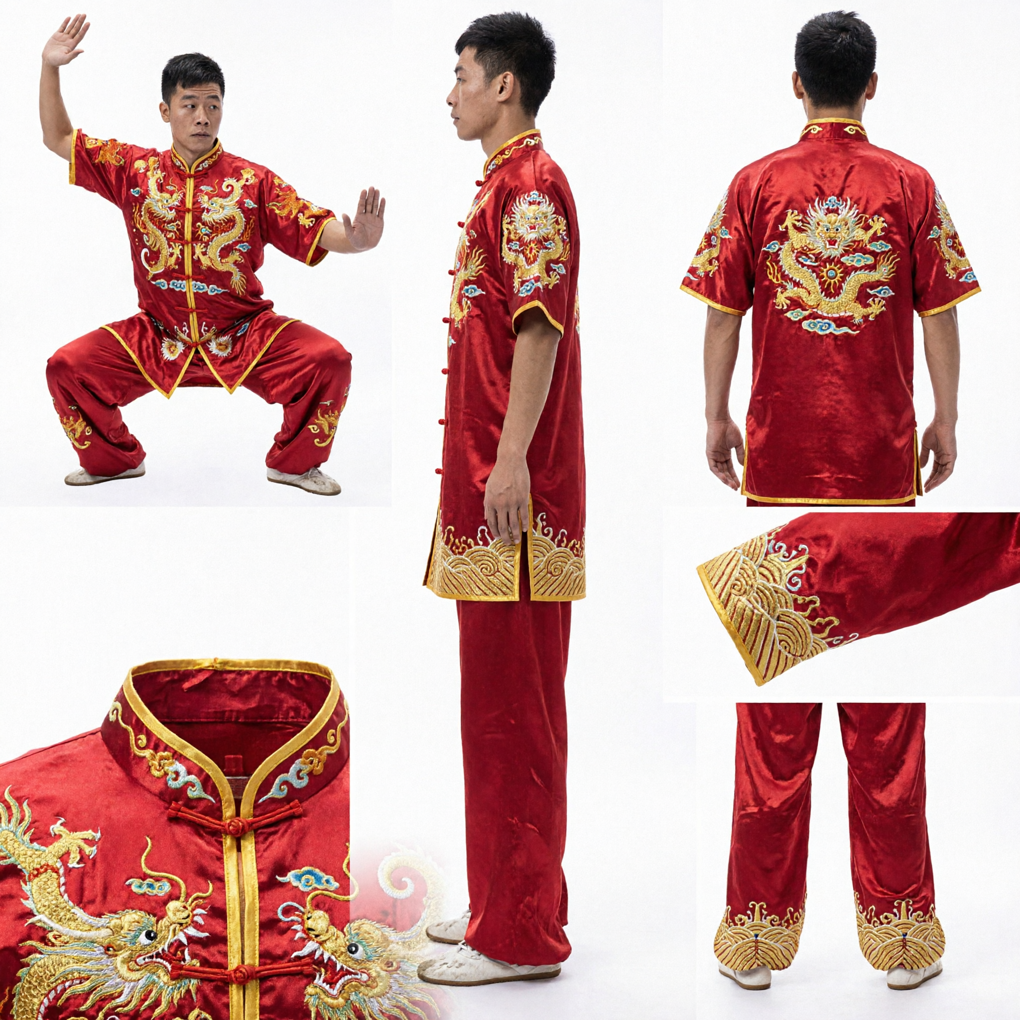 Men's Red Silk Traditional Chinese Kung Fu Uniform Wushu Martial Arts Costume Dragon Embroidery for Performance