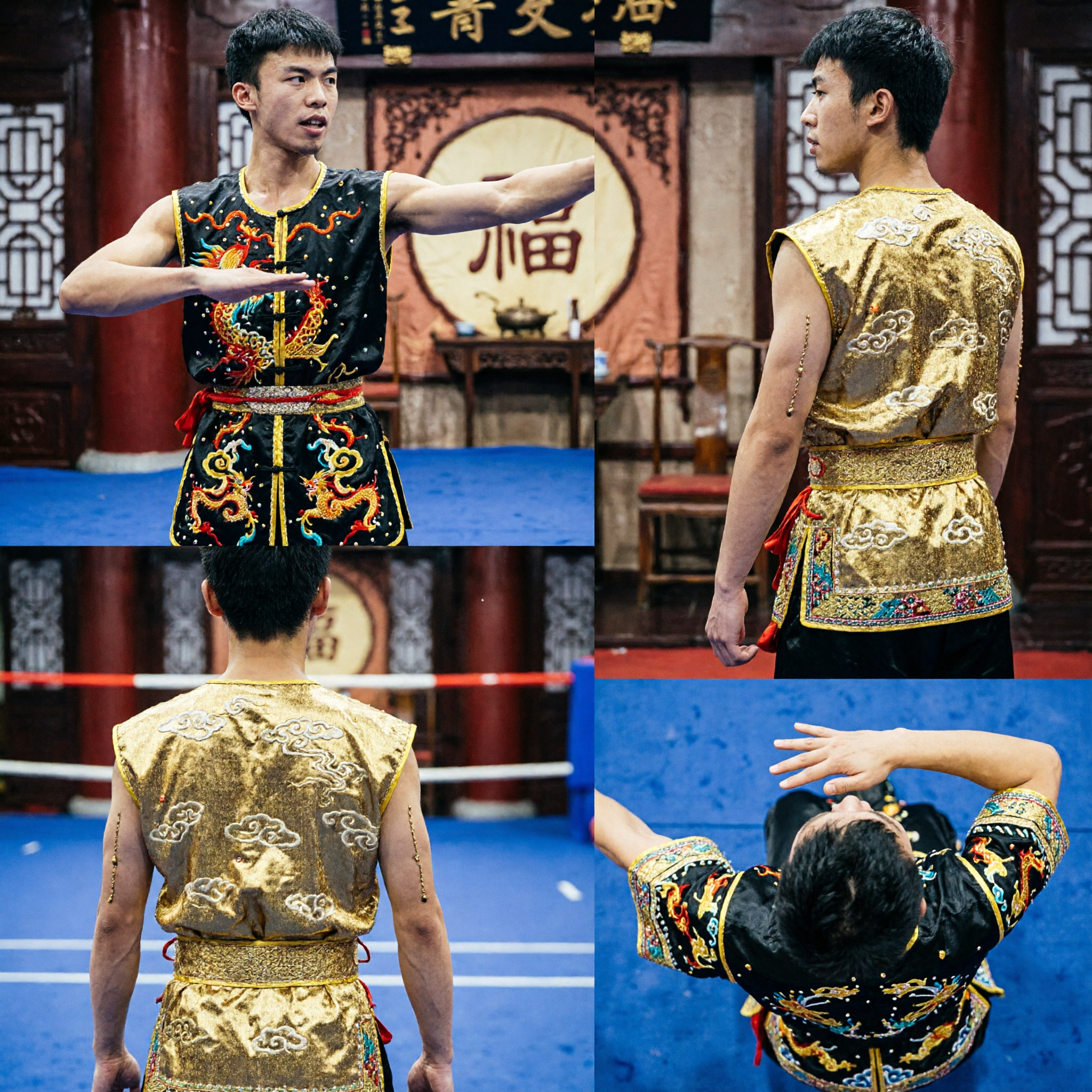 Men's Black Gold Embroidery Kung Fu Uniform Sleeveless Wushu Competition Costume for Traditional Martial Arts Performance