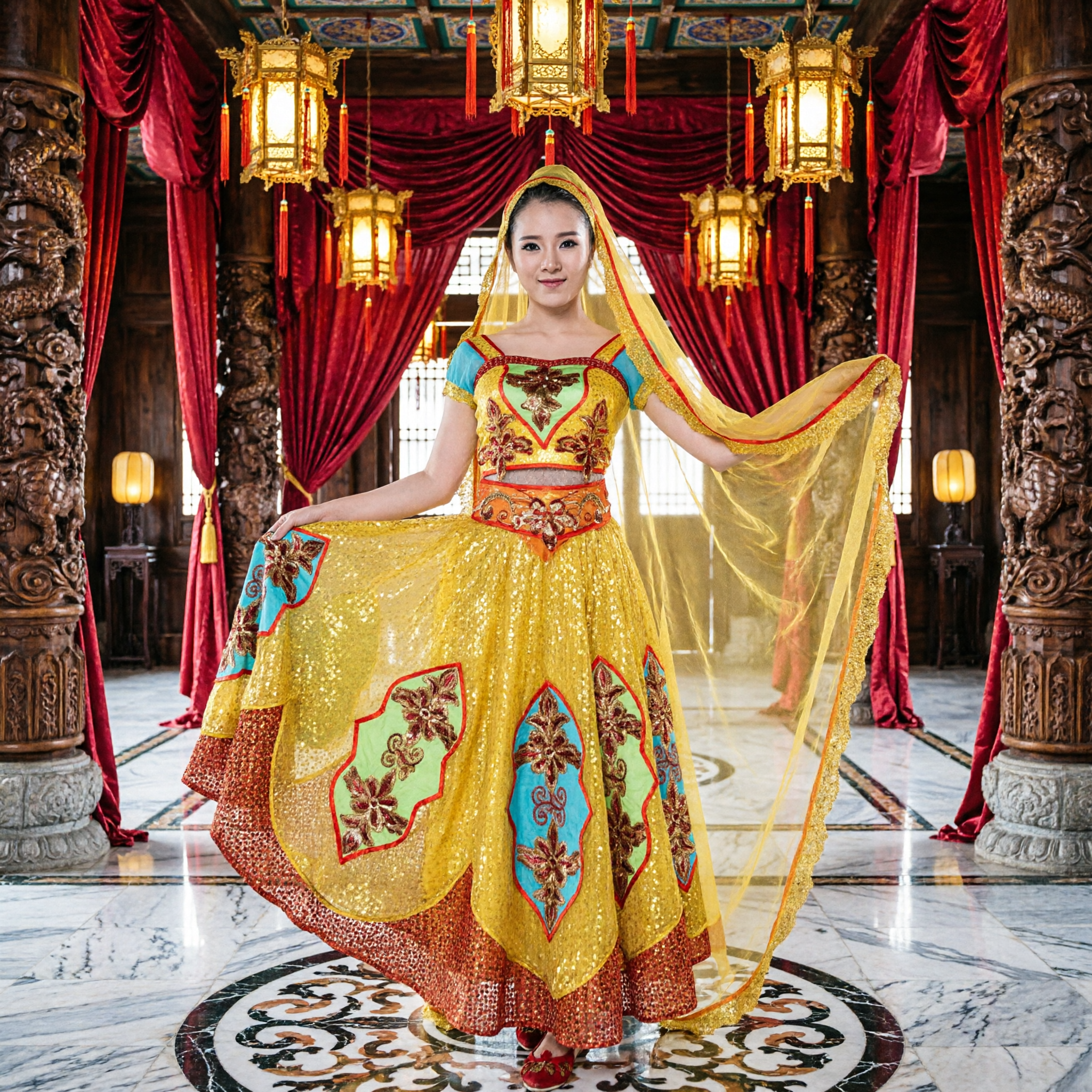 Chinese Traditional Uyghur Ethnic Dance Costume Yellow Sequin Embroidery Folk Dress for Women Performance
