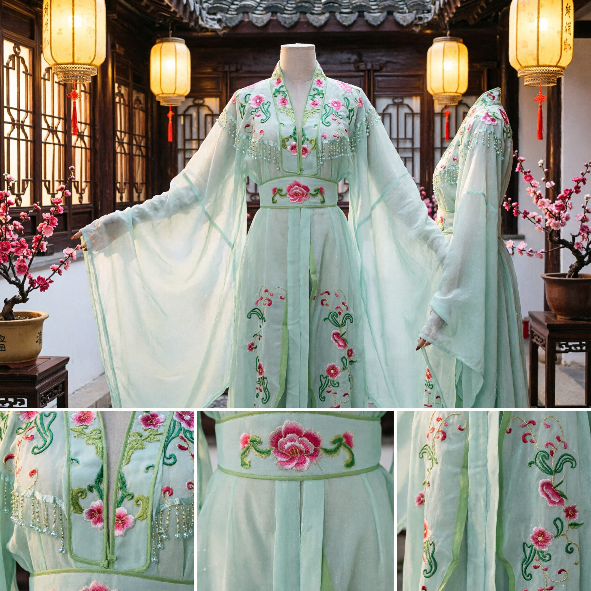 Traditional Chinese Hanfu Light Green Floral Embroidered Cross-Collar Robe with Wide Sleeves for Cosplay and Performance